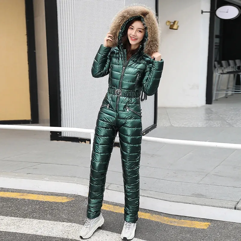 One Piece Ski Suit Women Jackets Winter Hooded Parka Jumpsuit Women Cotton Bodysuit Sashes Jumpsuits Zipper Overalls Tracksuits