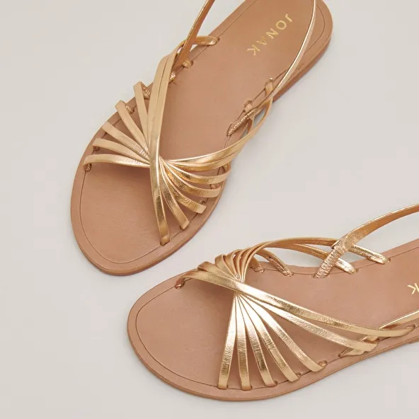 Open toe straps sandals in gold metallic leather