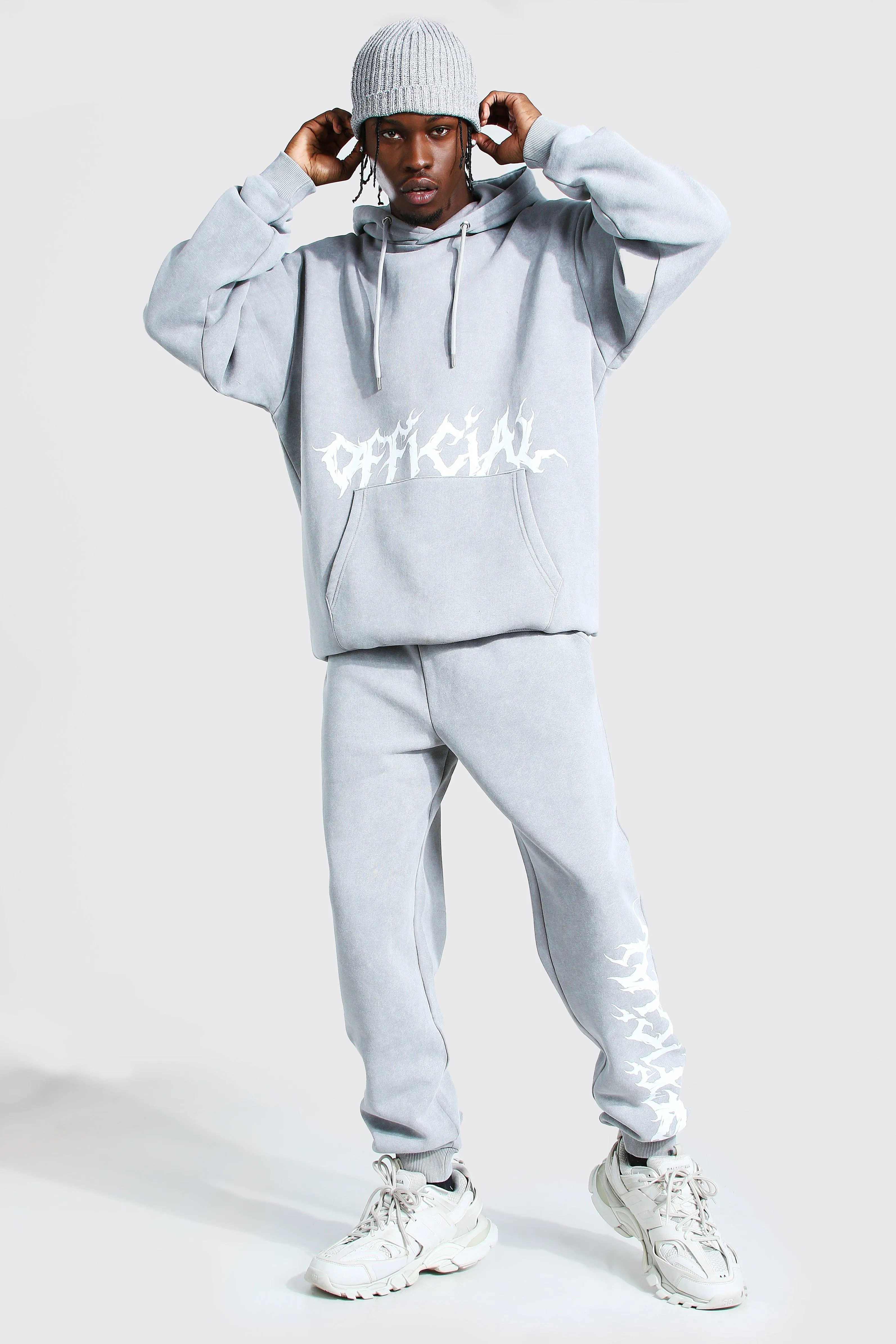 Oversized Acid Wash Official Hooded Tracksuit | boohooMAN UK