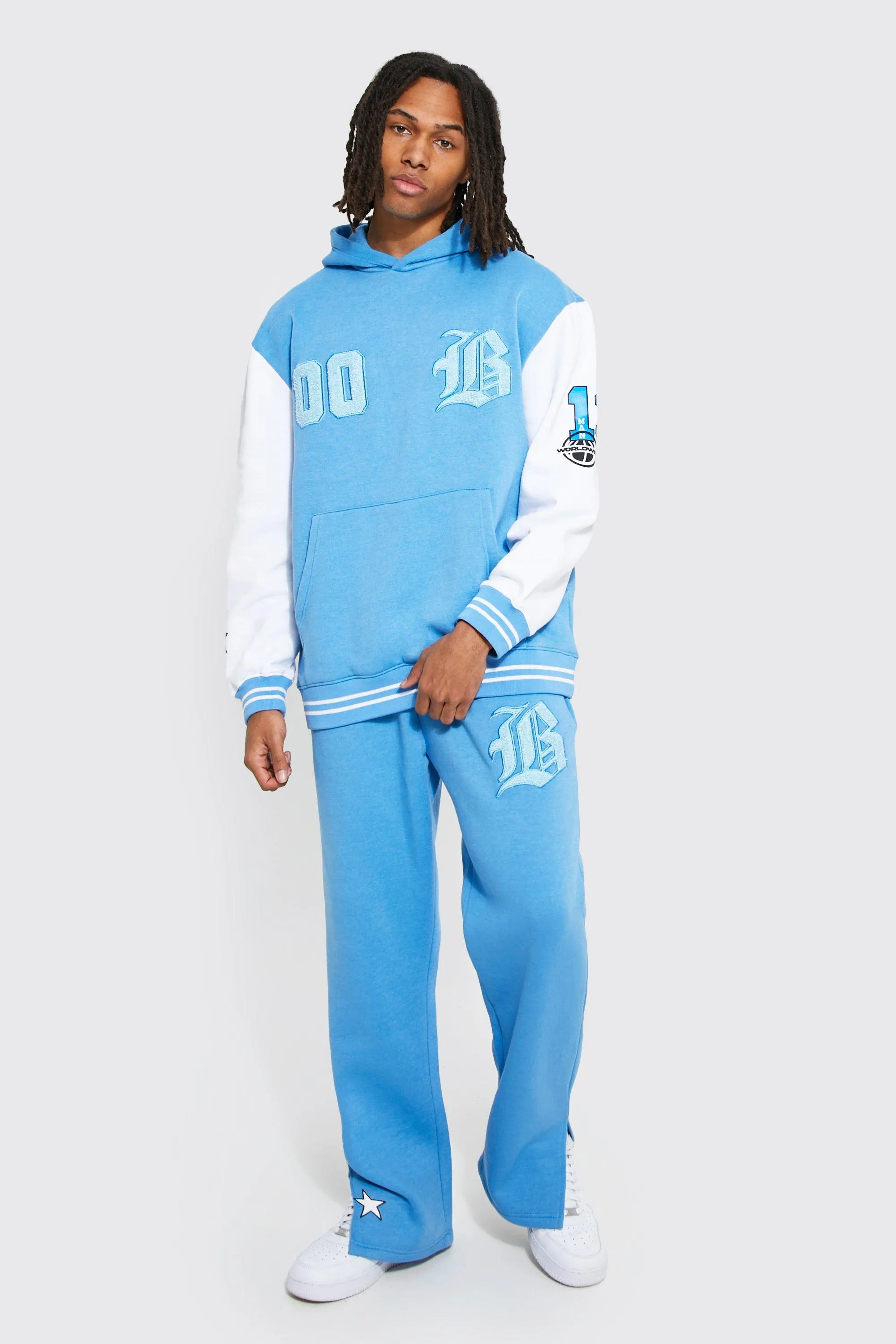 Oversized B Badge Varsity Hooded Tracksuit | boohooMAN UK