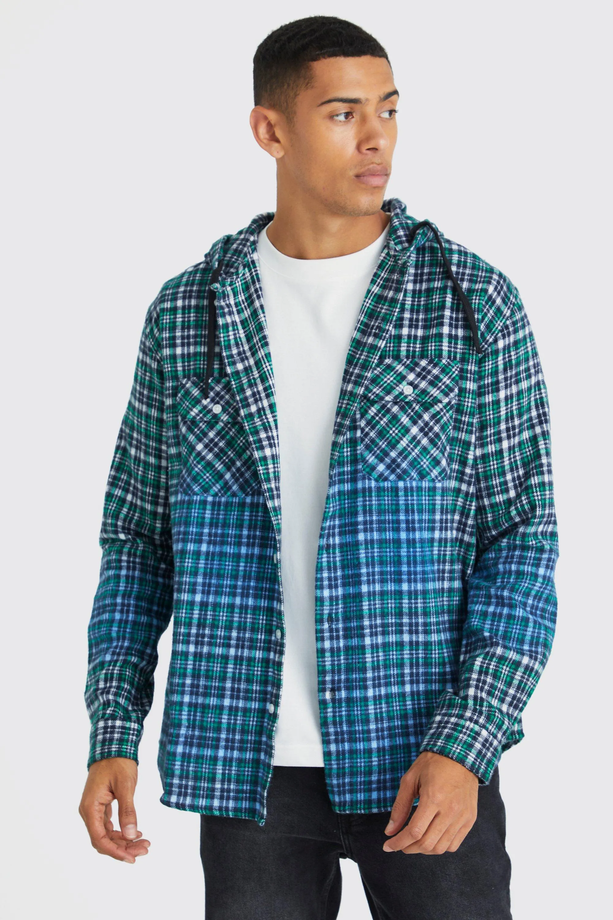 Oversized Bleached Hooded Check Shirt | boohooMAN UK