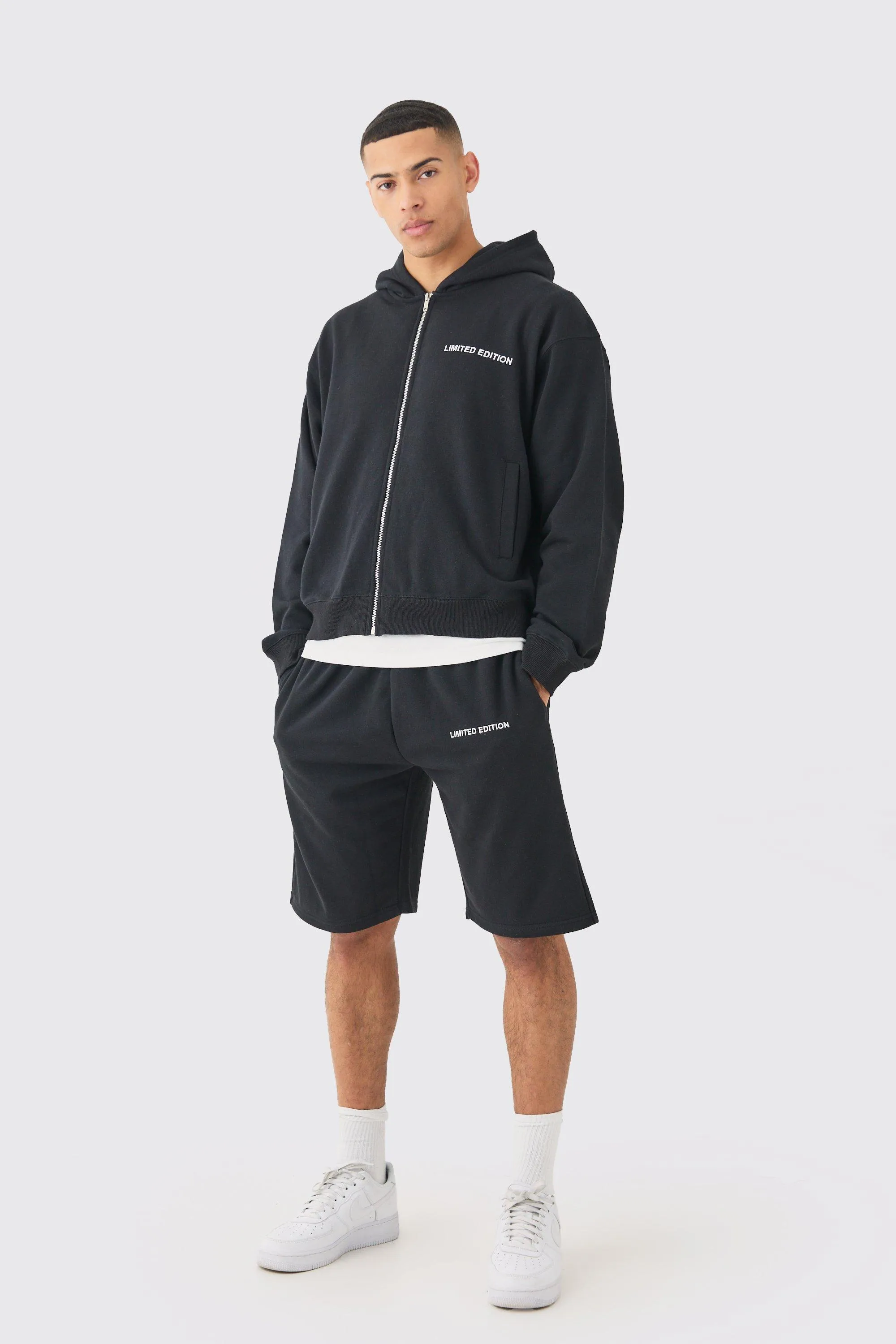 Oversized Boxy Zip Through Hooded Short Tracksuit | boohooMAN UK