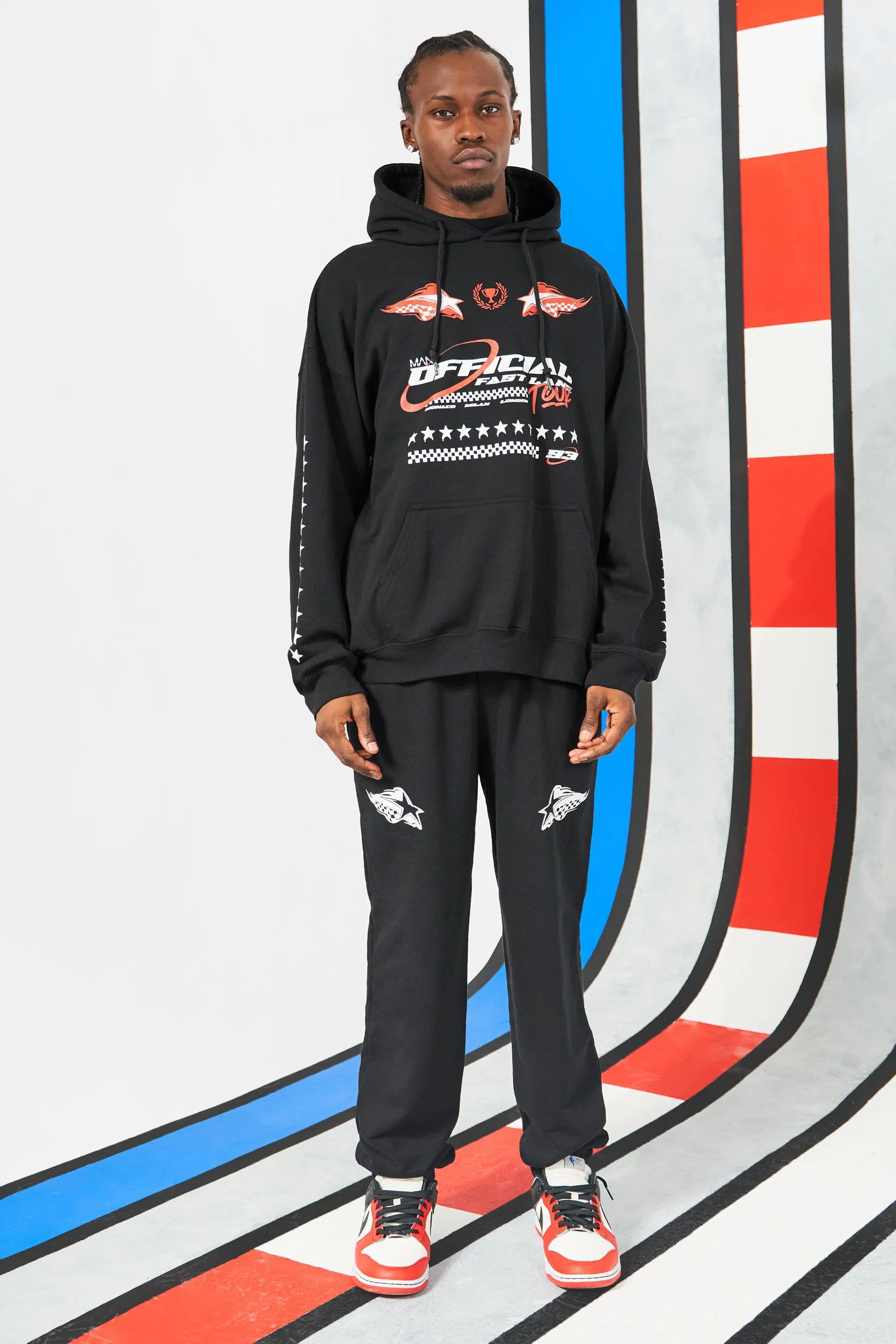 Oversized Fast Lane Moto Multi Print Hoodie Tracksuit | boohooMAN UK