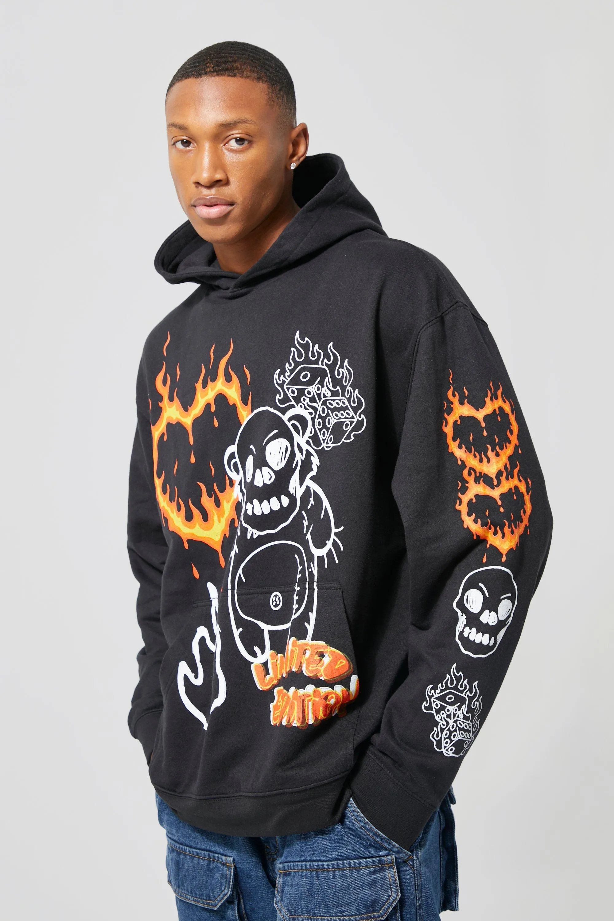 Oversized Flame Evil Teddy Multi Print Hoodie | boohooMAN UK