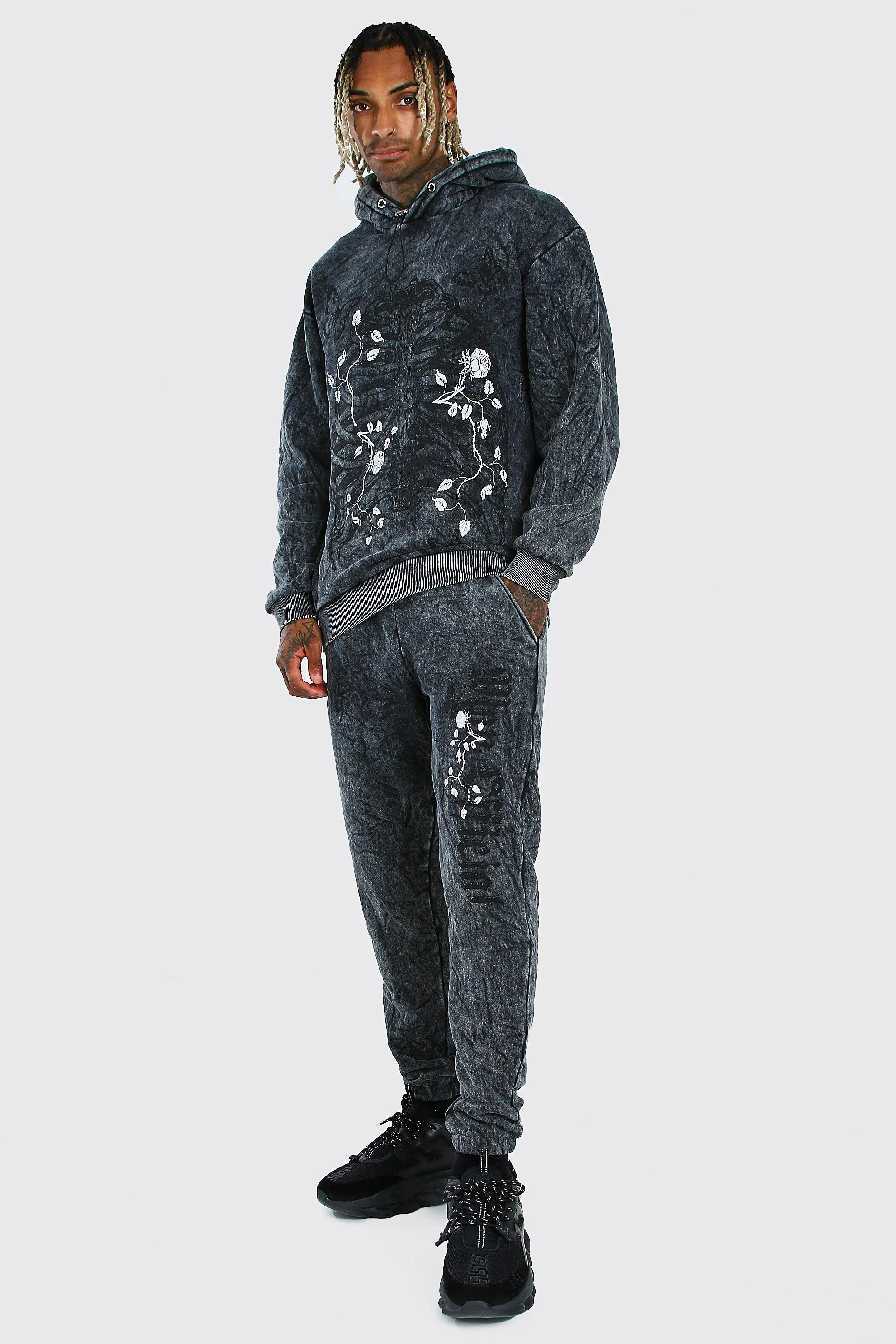 Oversized Gothic Acid Wash Hooded Tracksuit | boohooMAN UK