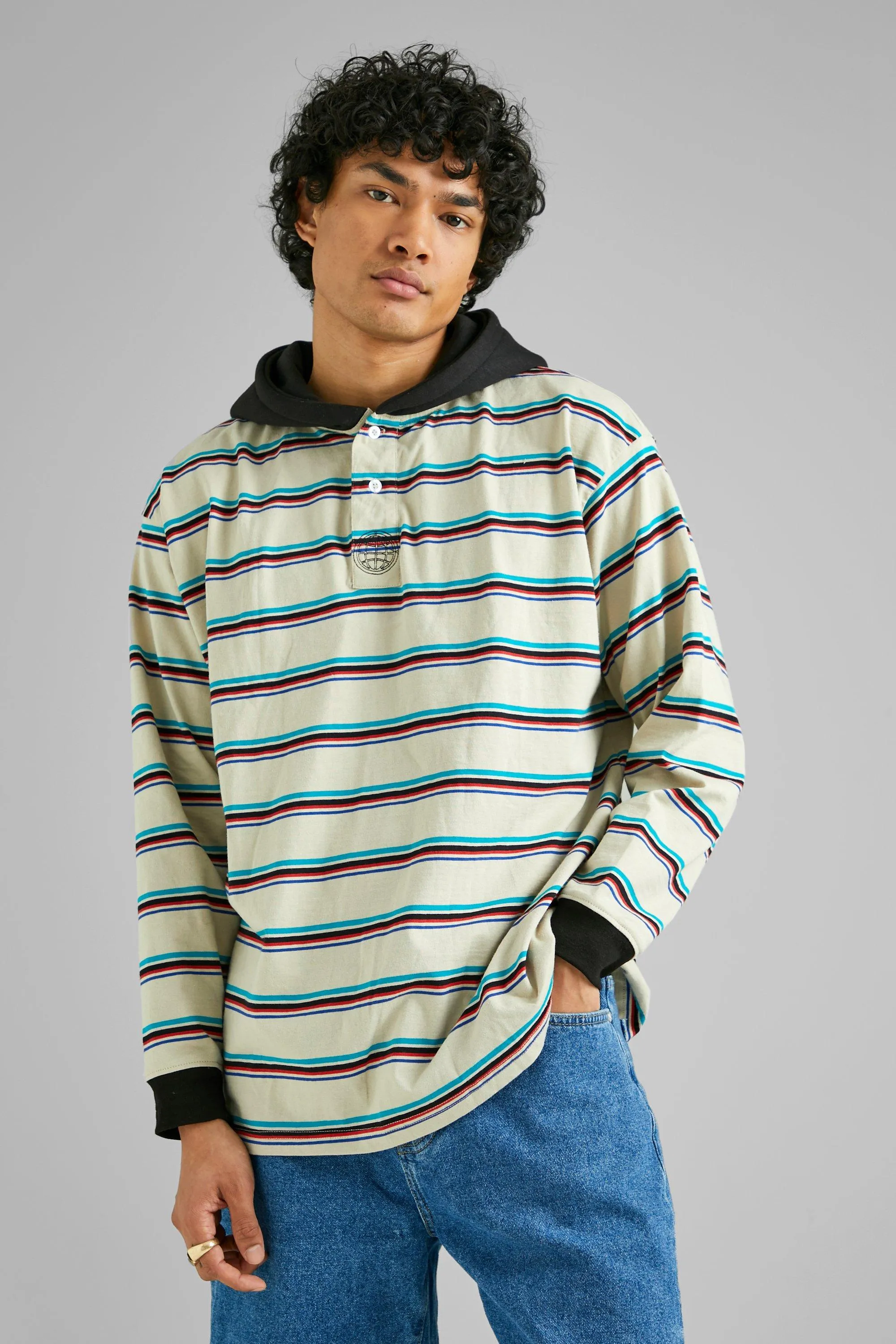 Oversized Hooded Stripe Long Sleeve Polo | boohooMAN UK