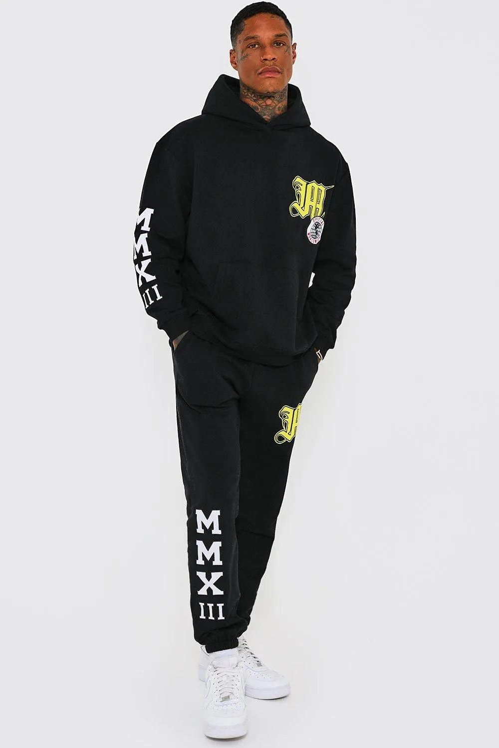 Oversized M Varsity Applique Hooded Tracksuit | boohooMAN UK