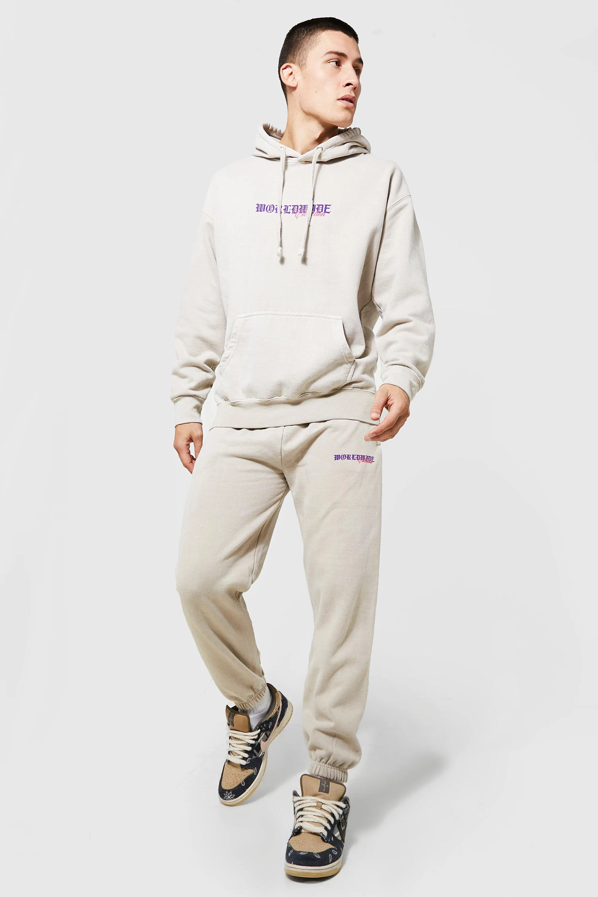 Oversized Offcl Dove Overdye Hooded Tracksuit | boohooMAN UK