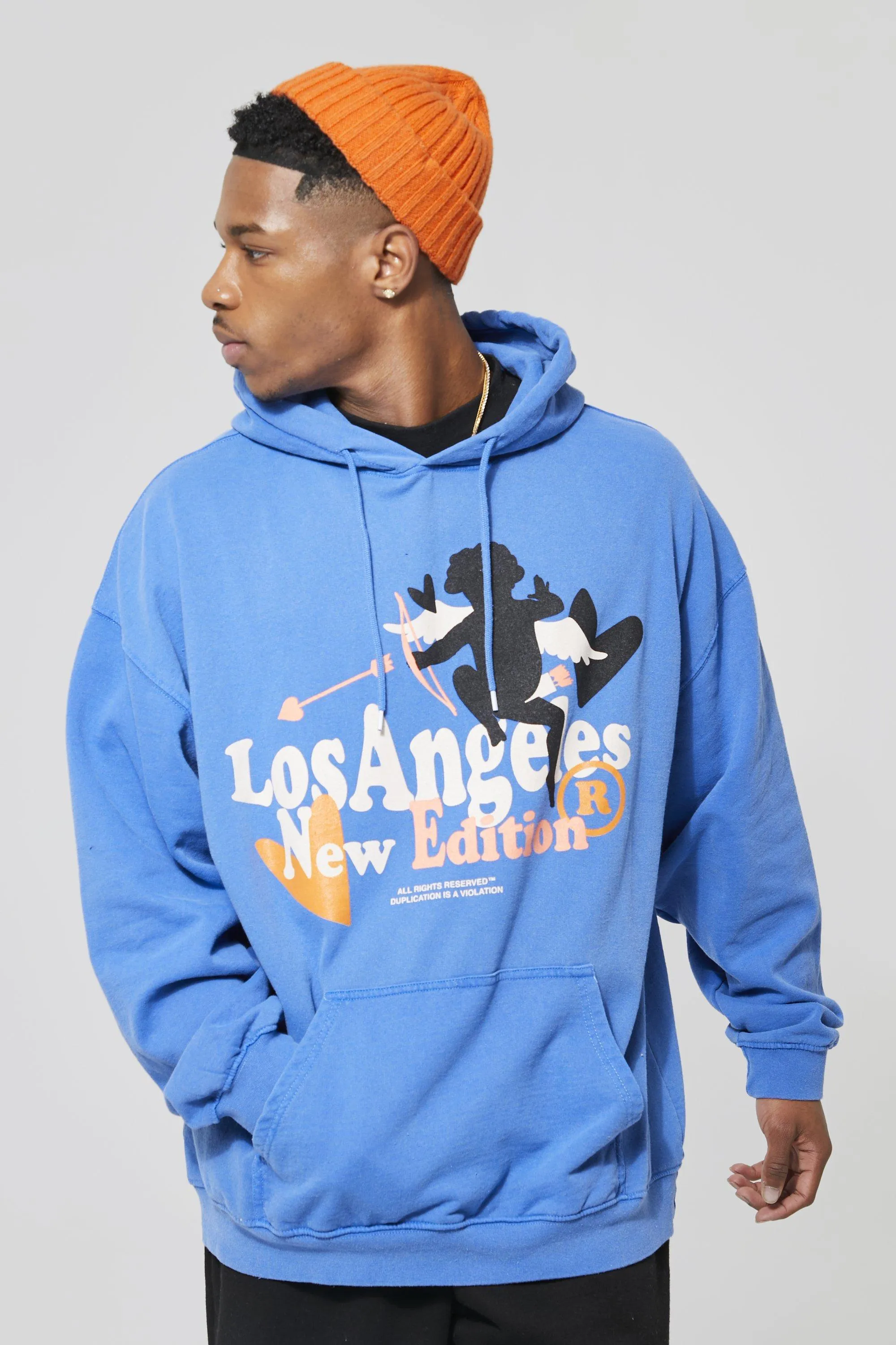 Oversized Overdye Los Angeles Cupid Graphic Hoodie | boohooMAN UK