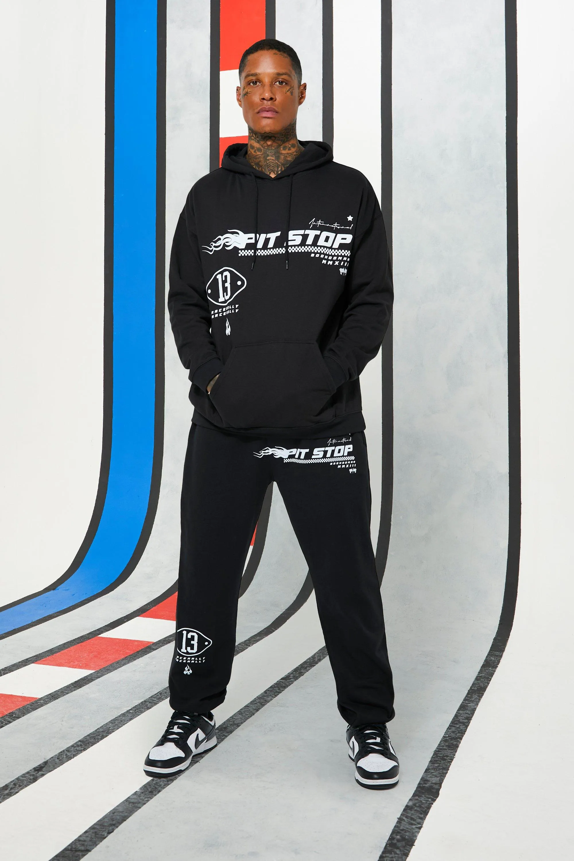 Oversized Pit Stop Moto Multi Print Hoodie Tracksuit | boohooMAN UK