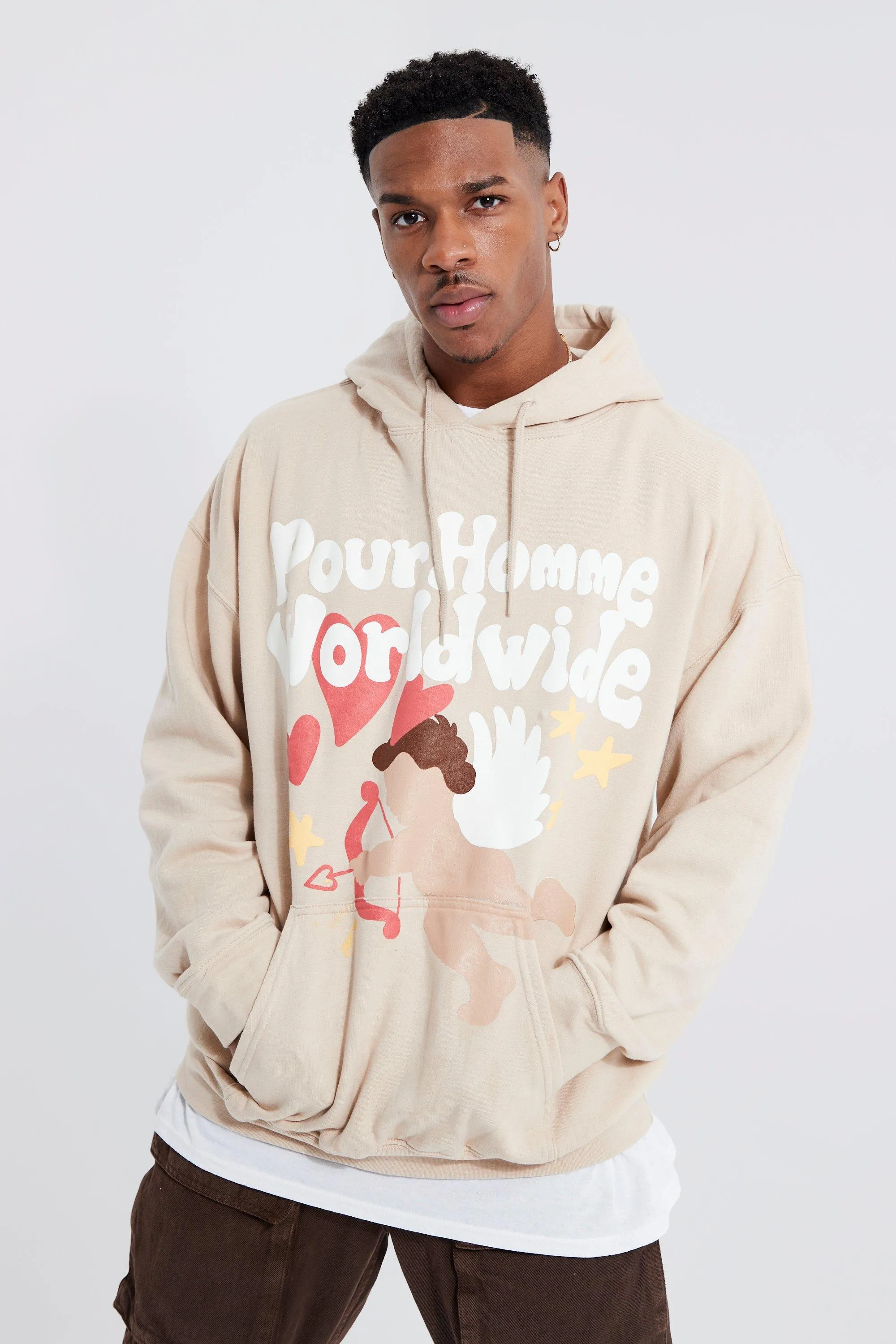 Oversized Pour Homme Worldwide Puff Print Hoodie | boohooMAN UK