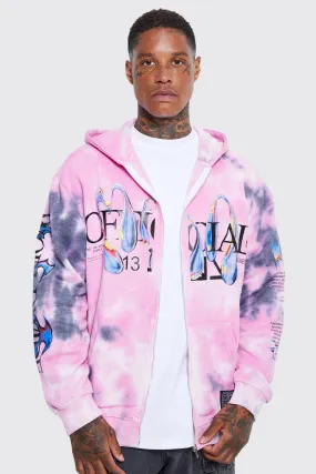 Oversized Tie Dye Graphic Zip Through Hoodie | boohooMAN UK