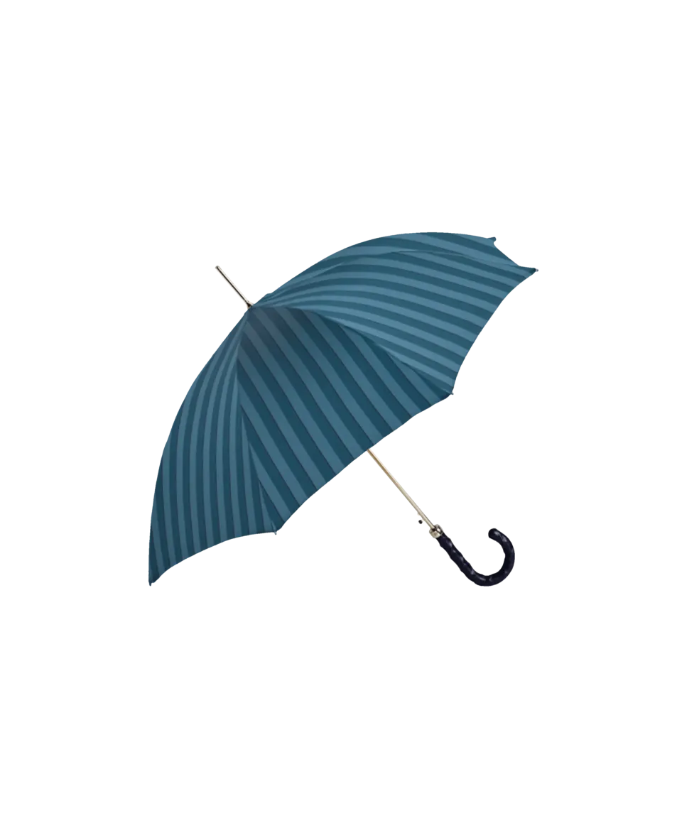 Passotti Ombrelli Teal Wide Stripe Umbrella With Navy Cross Hatched Leather Handle | He Spoke Style