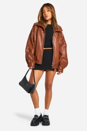 Petite Pu Seam Detail Oversized Bomber Jacket