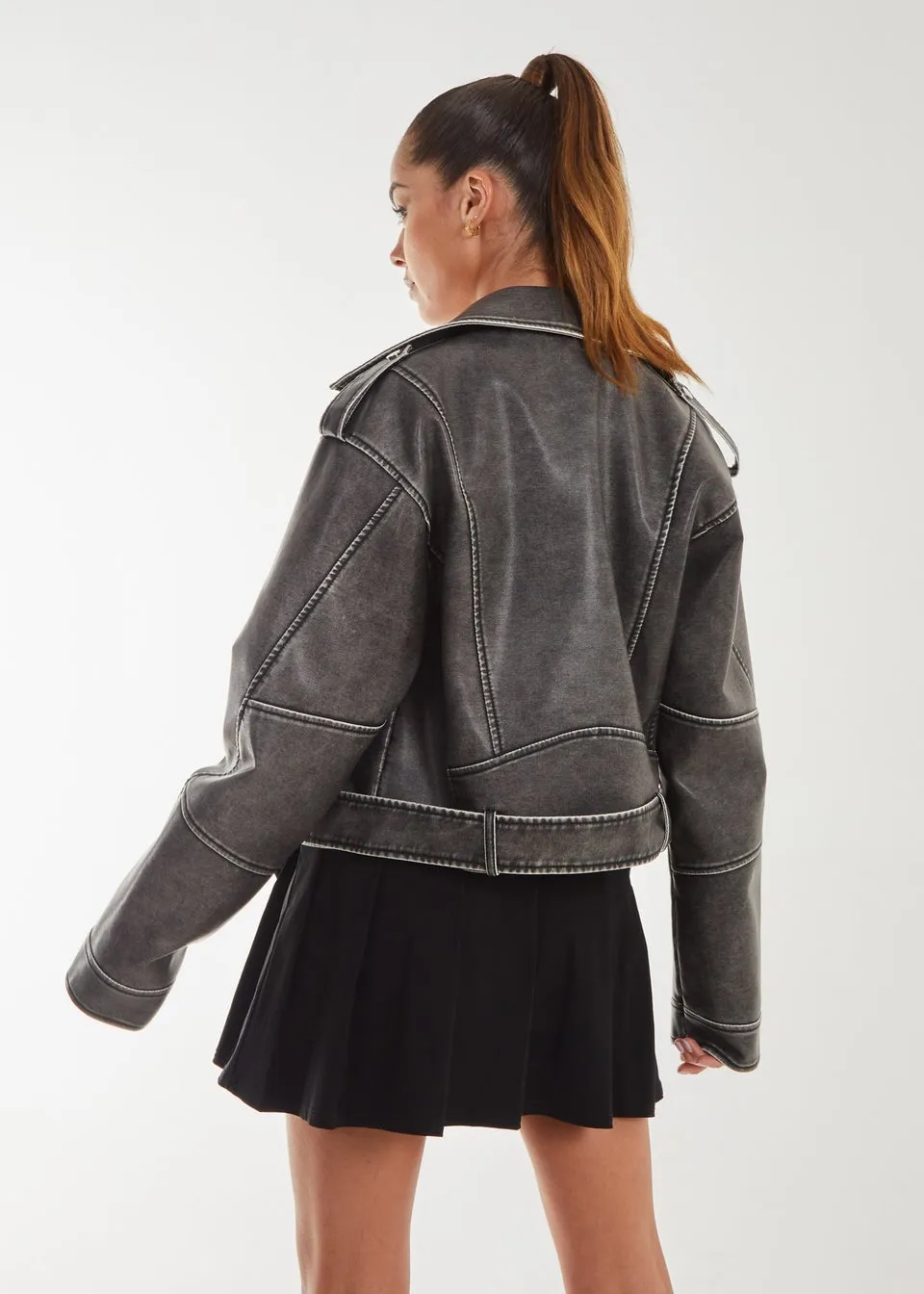 Pink Vanilla Black Stone Wash PU Biker Jacket