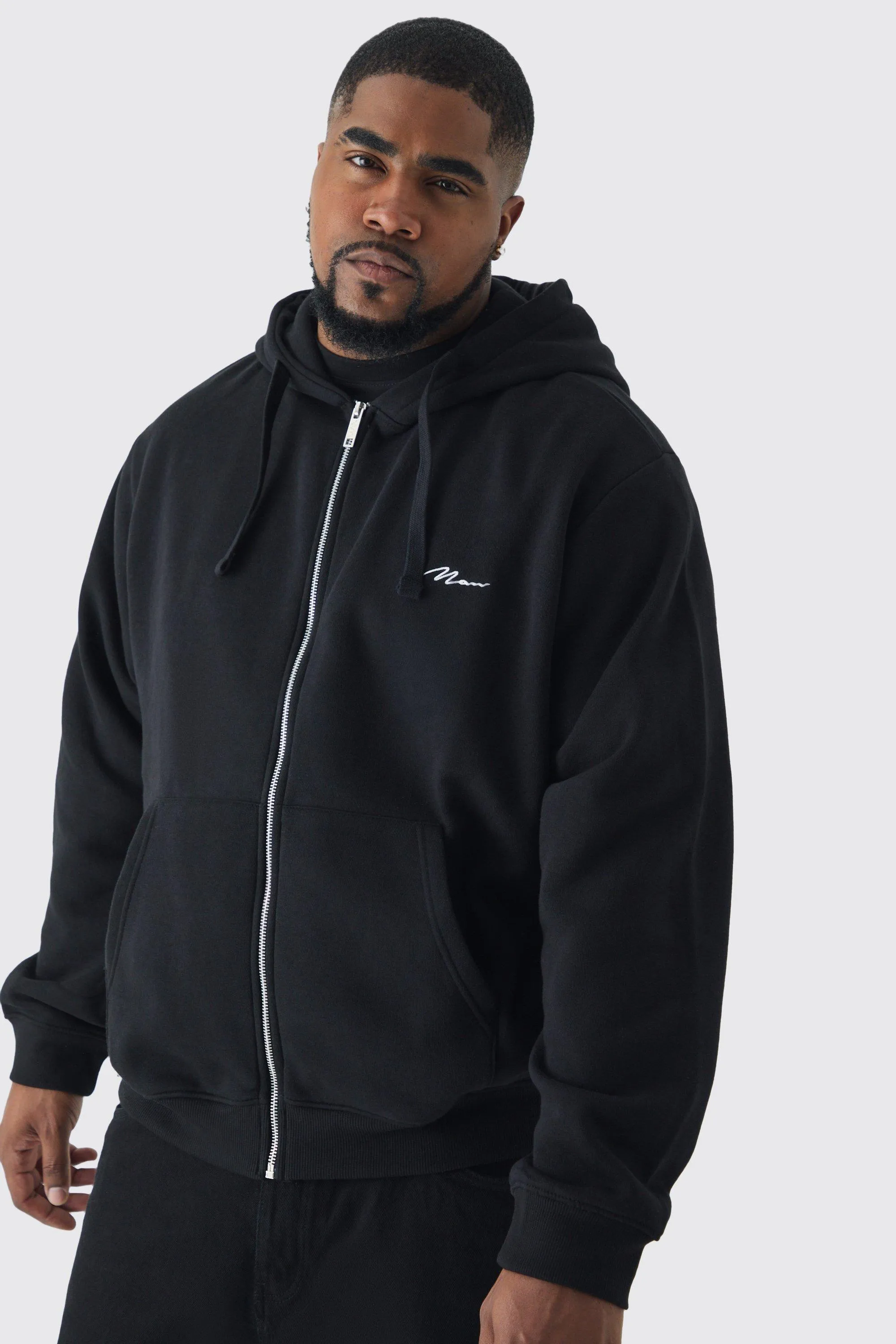 Plus Basic Man Signature Zip Through Hoodie In Black | boohooMAN UK