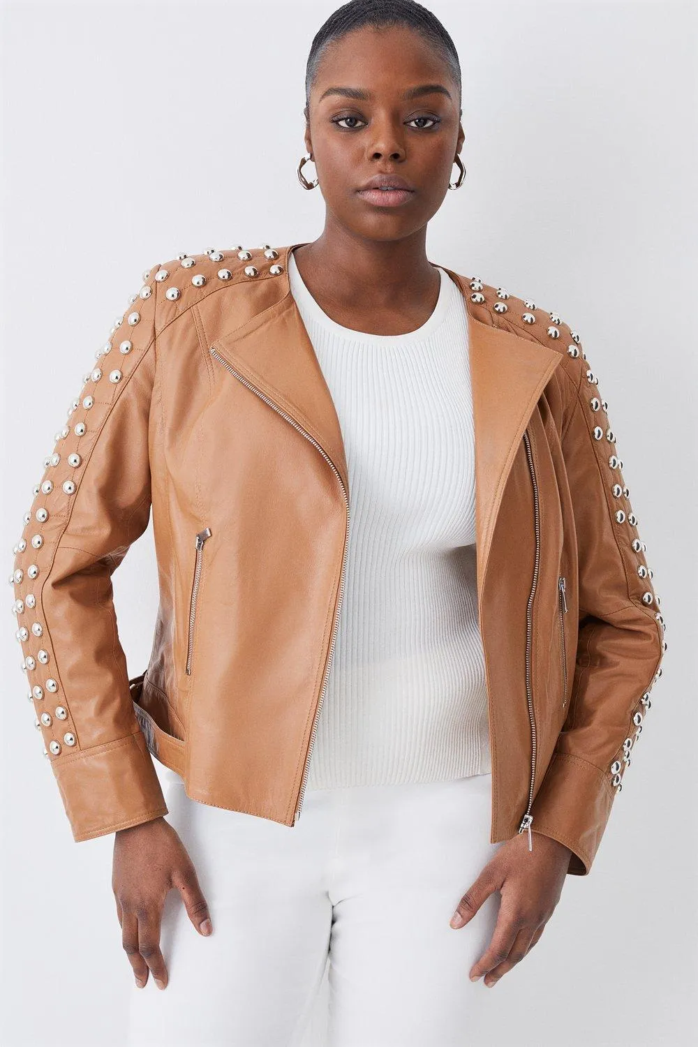 Plus Size Leather Dome Stud & Quilted Detail Biker Jacket | Karen Millen