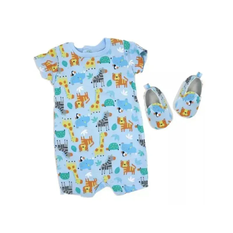 Rose Textiles - 2Pk Baby Boy Romper & Shoe Set, Safari Animal