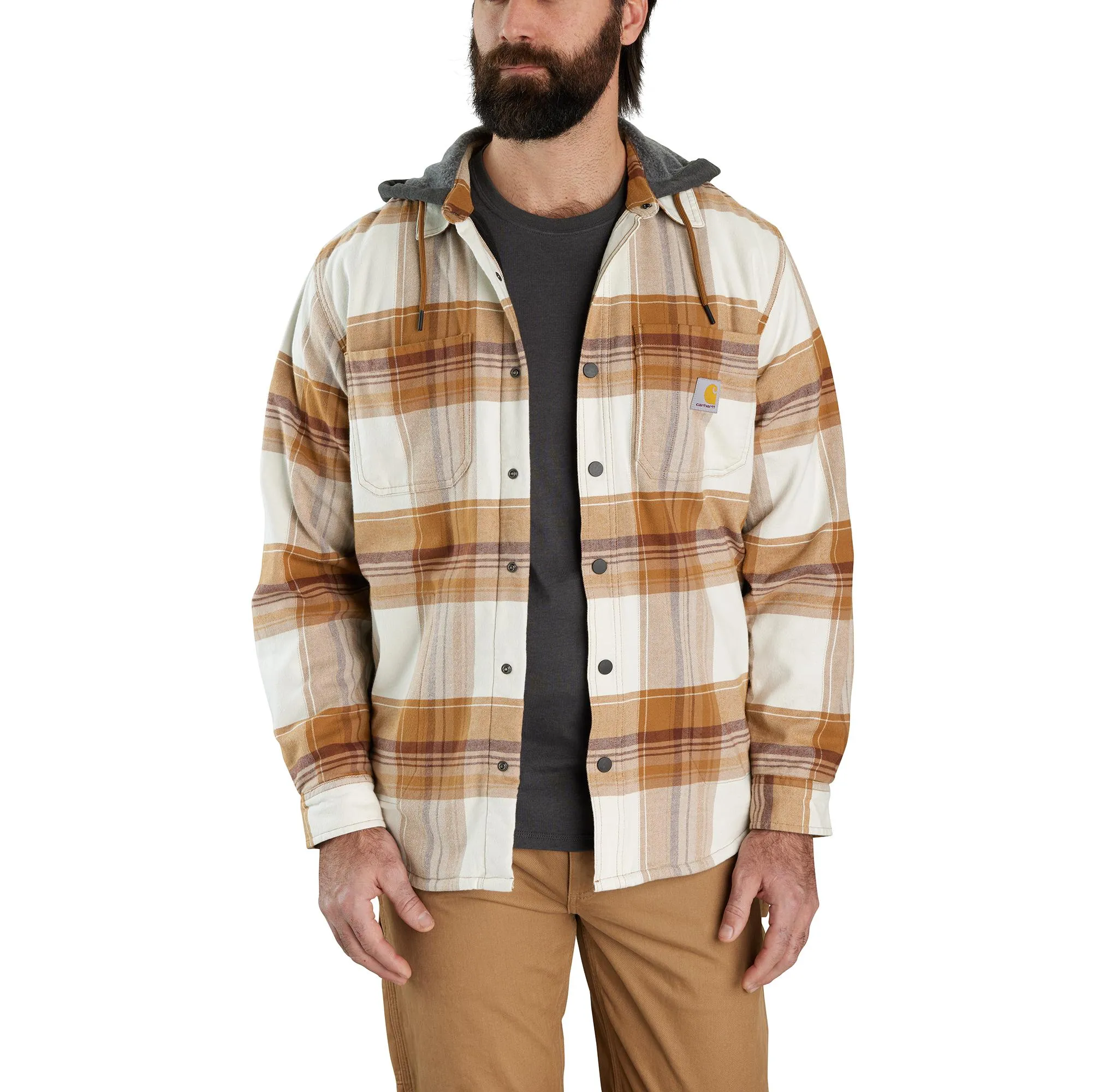 RUGGED FLEX RELAXED FIT FLANNEL FLEECE LINED HOODED SHIRT JAC 105938