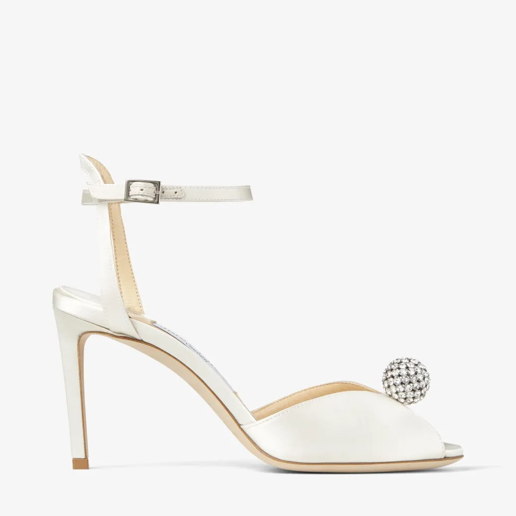 Sacora 85 Ivory Satin Sandals with Crystal-Embellished Sphere