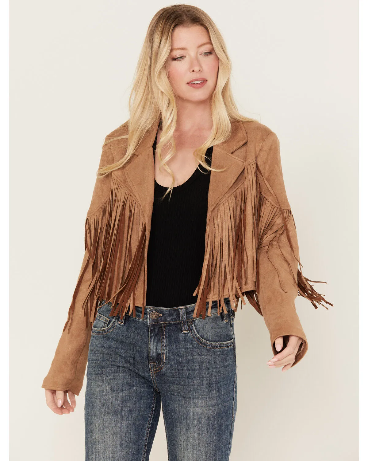 Saints & Hearts Women's Faux Suede Cropped Fringe Jacket