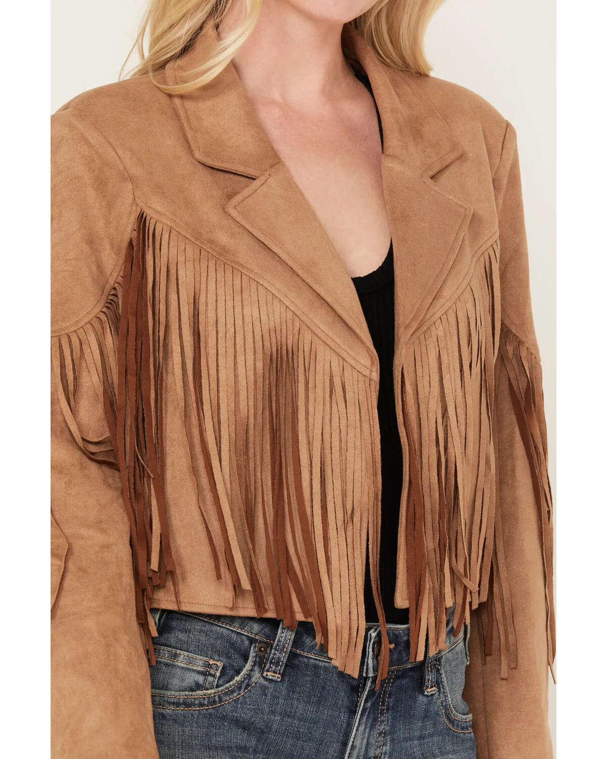 Saints & Hearts Women's Faux Suede Cropped Fringe Jacket