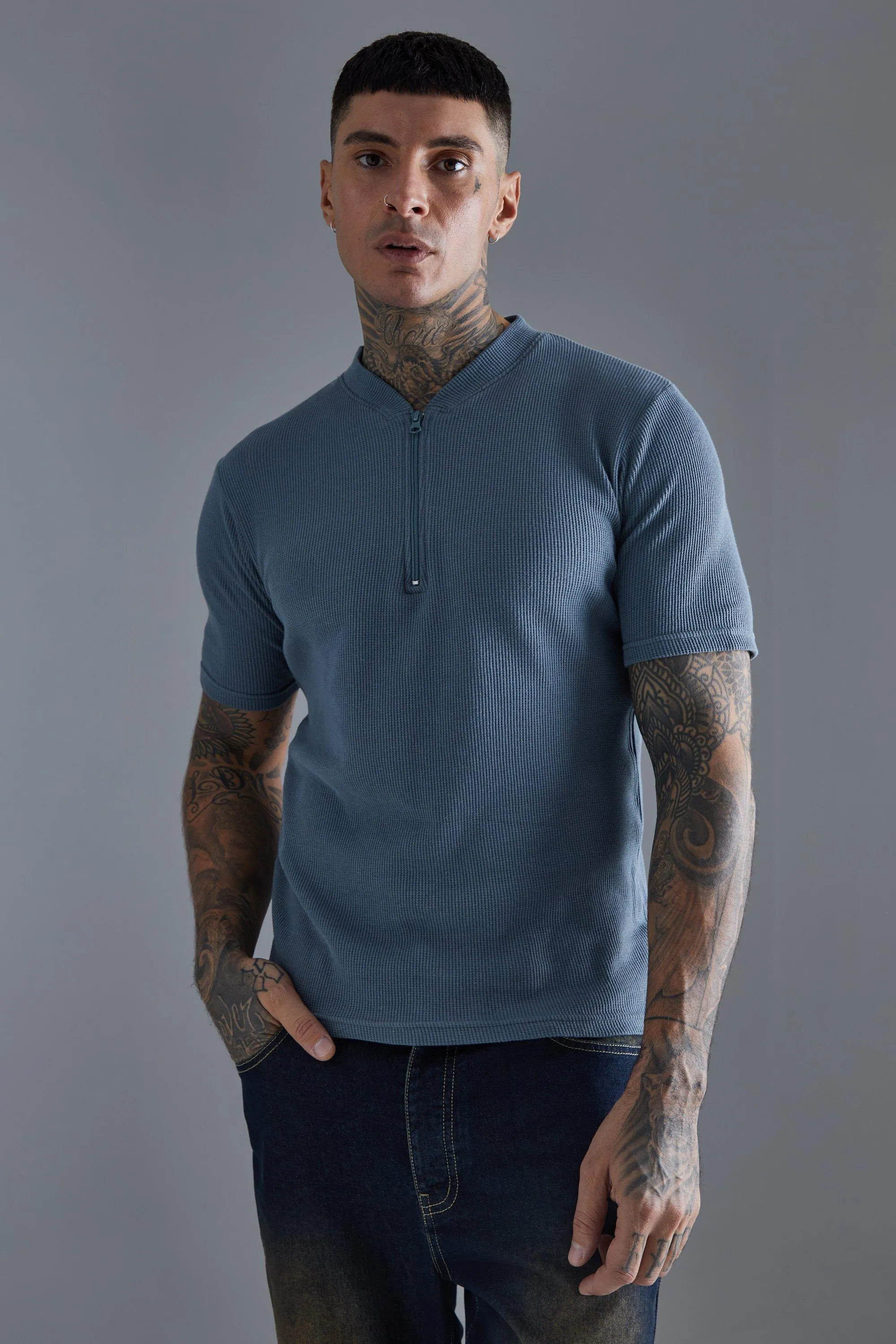 Slim Fit Waffle Bomber Neck Polo