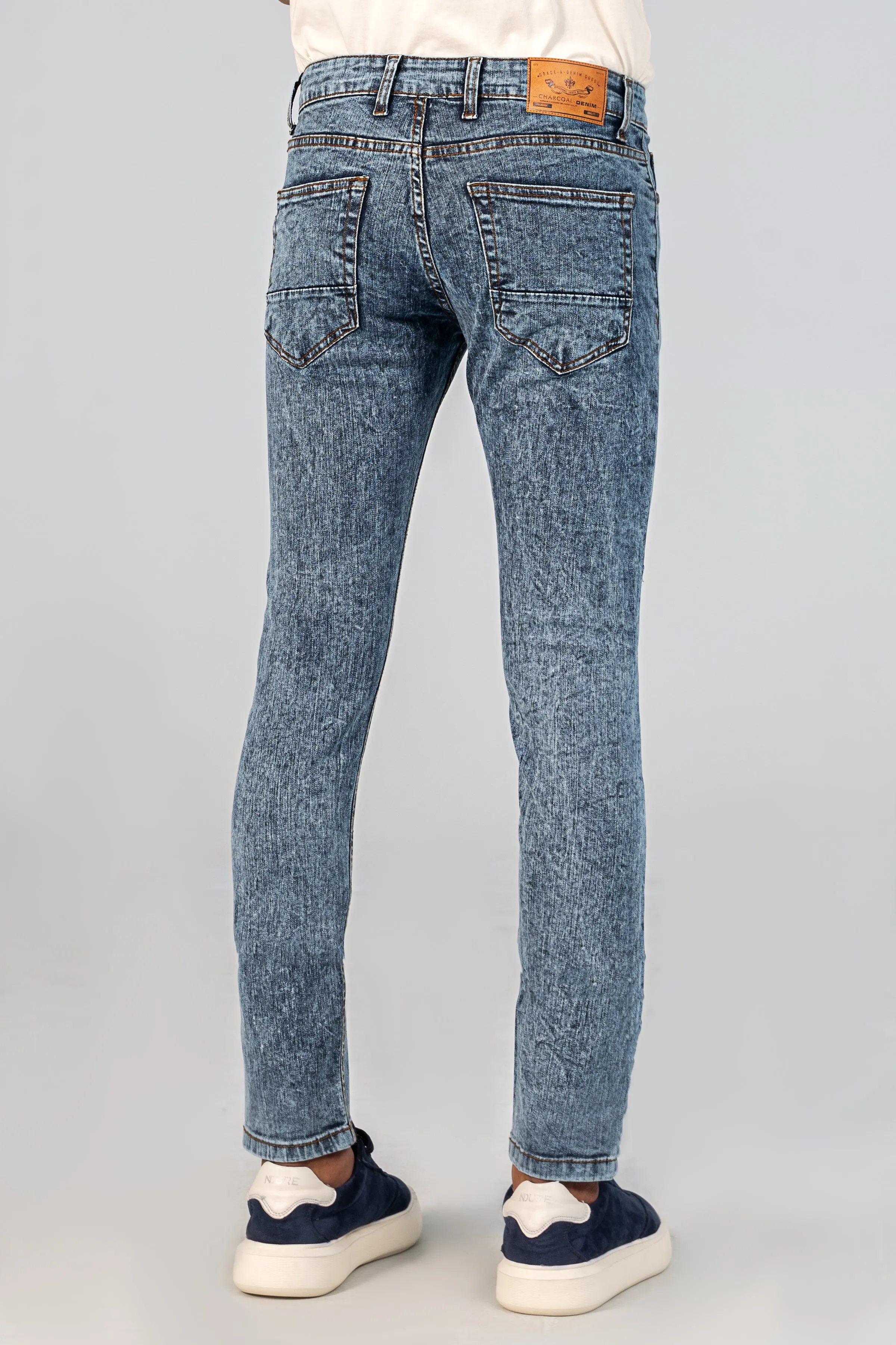 SLIM LEG DENIM JEANS MID BLUE RANDOM WASH