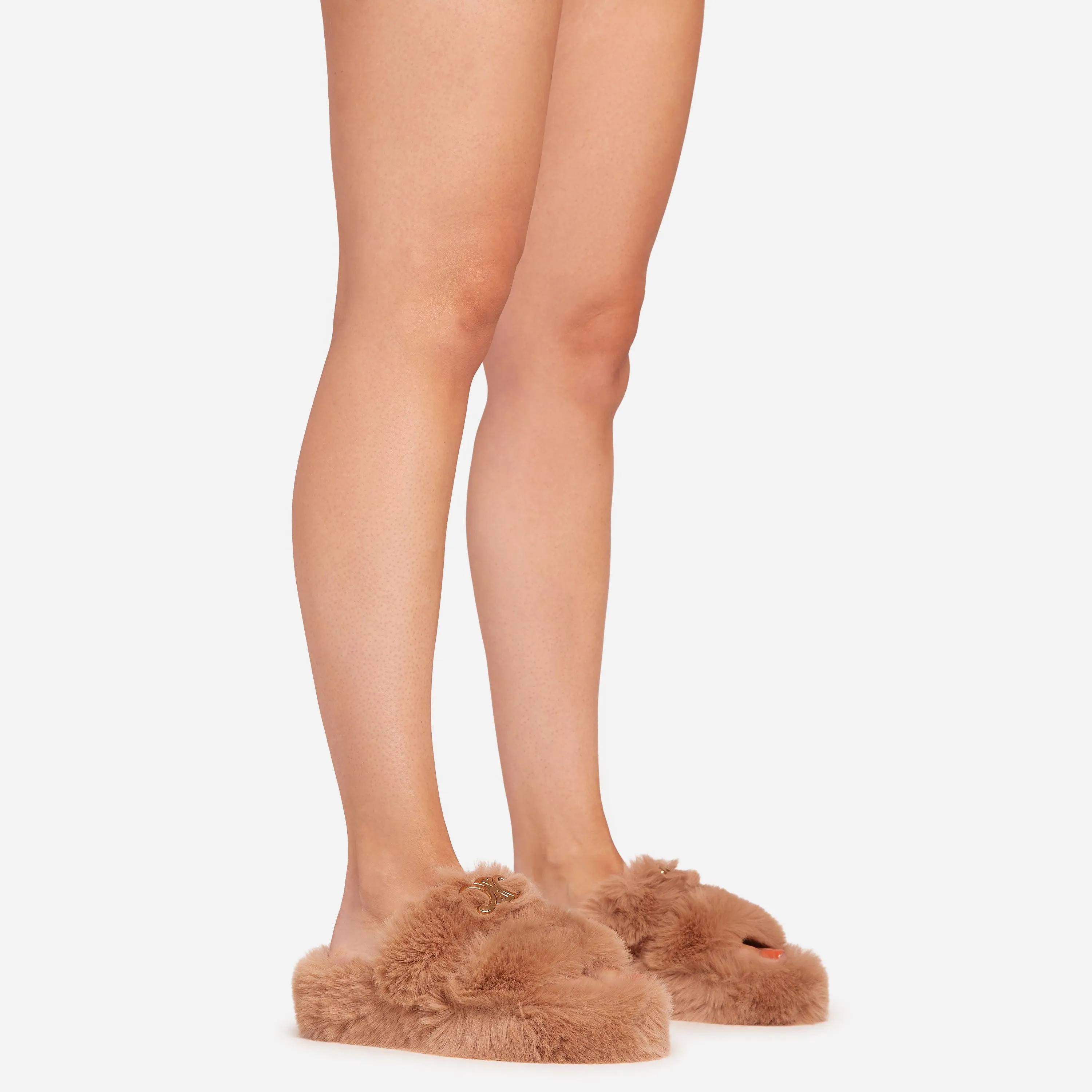 Stass Logo Detail Double Strap Flat Slipper In Brown Faux Fur