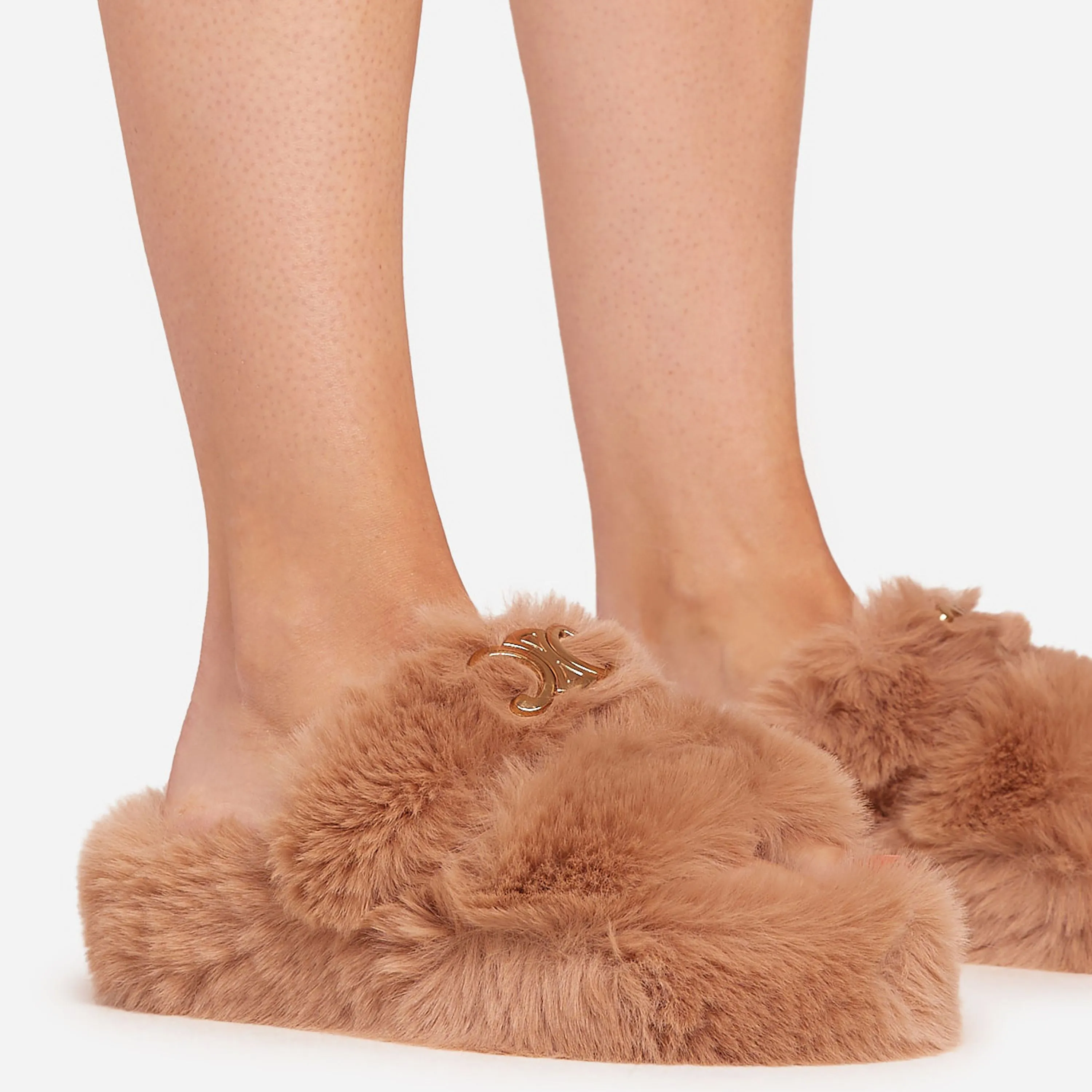 Stass Logo Detail Double Strap Flat Slipper In Brown Faux Fur