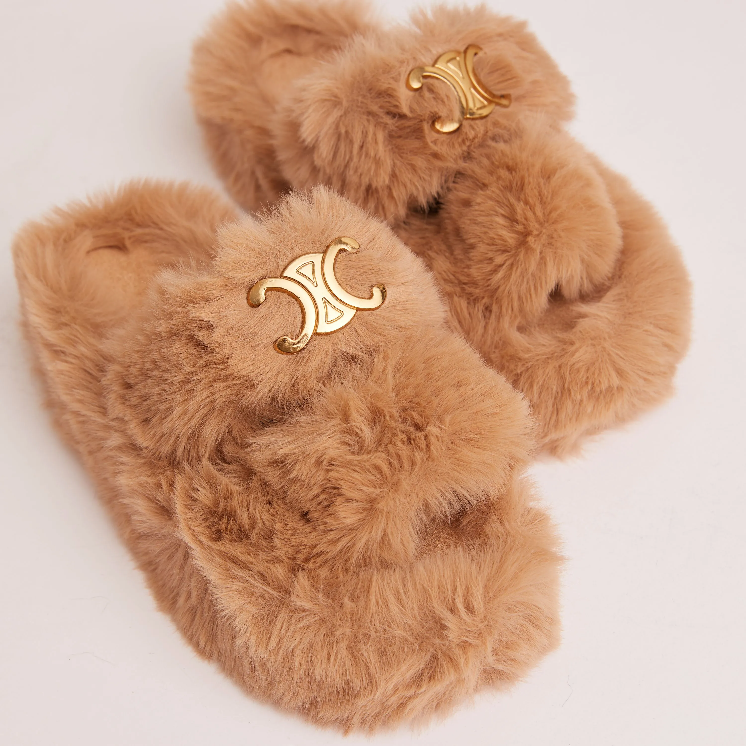 Stass Logo Detail Double Strap Flat Slipper In Brown Faux Fur