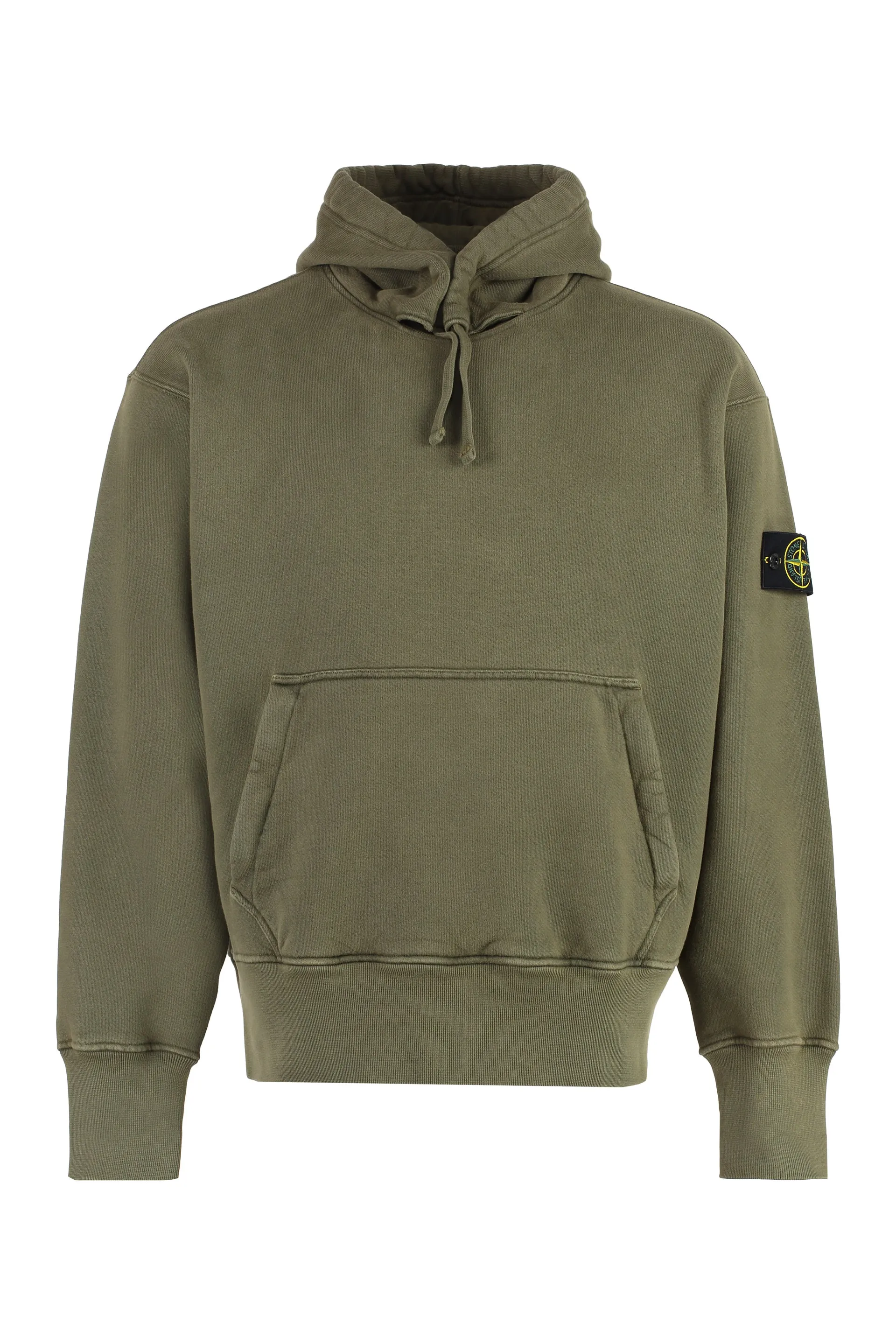 STONE ISLAND Men's Green Cotton Hoodie with Removable Logo Patch and Ribbed Cuffs