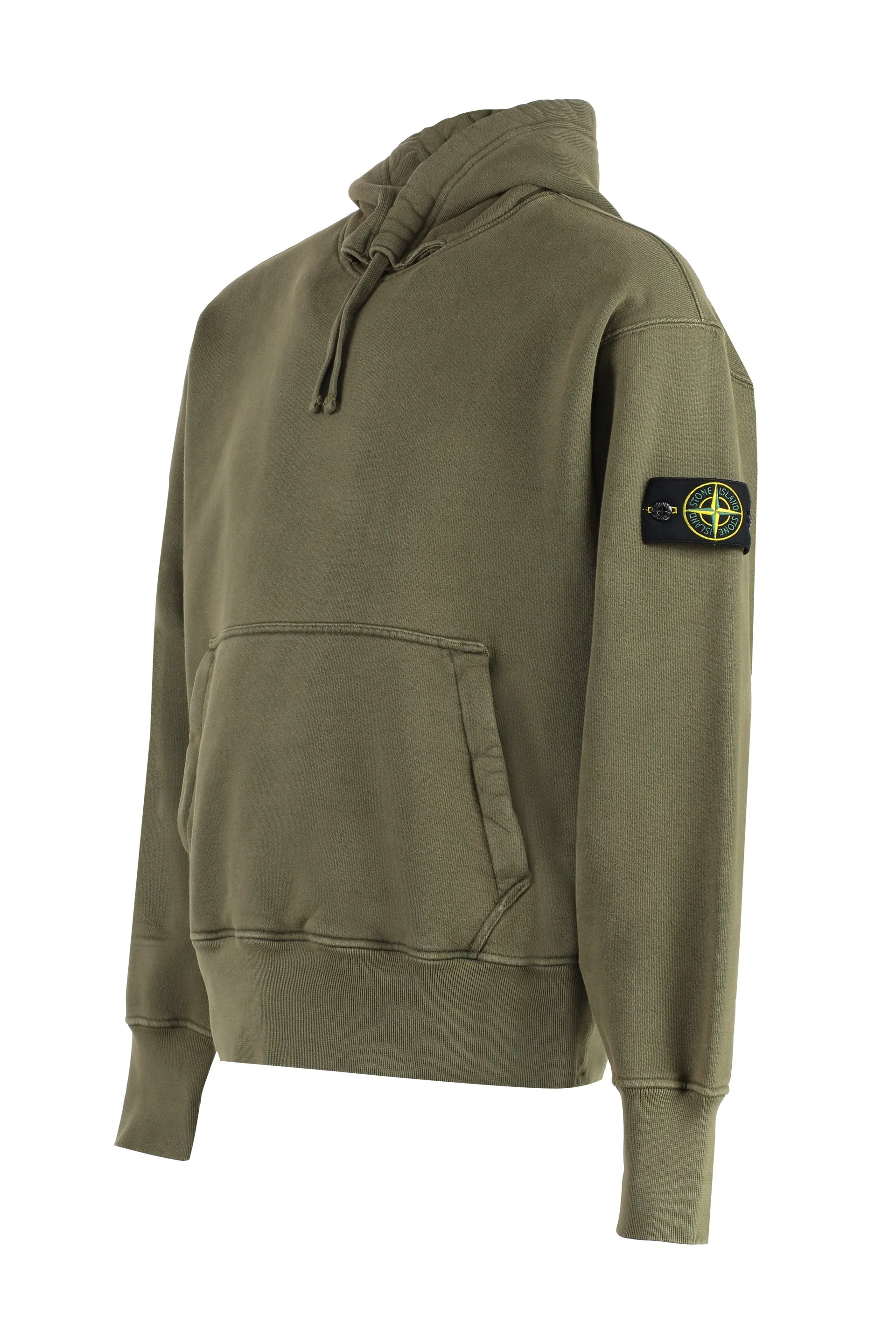 STONE ISLAND Men's Green Cotton Hoodie with Removable Logo Patch and Ribbed Cuffs