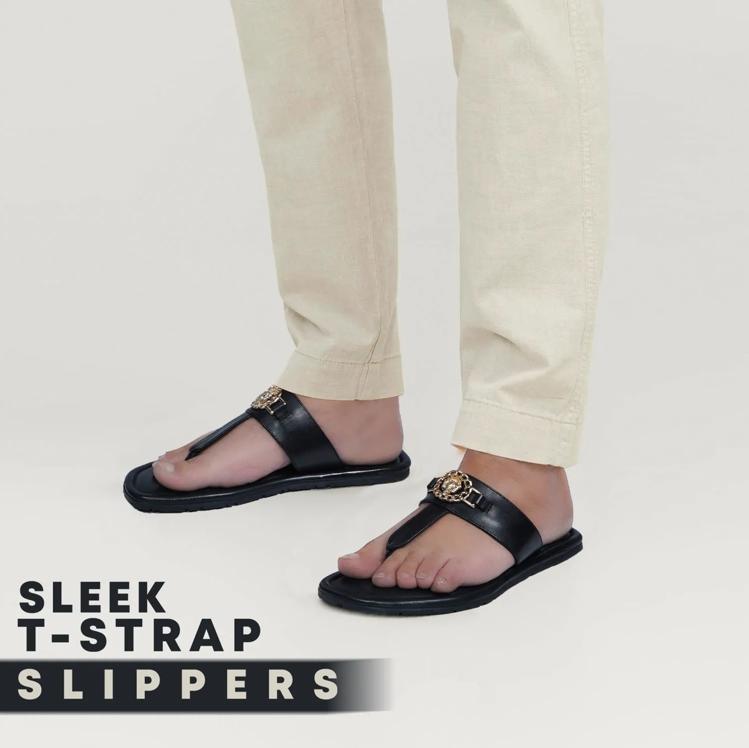 T-Strap Black Slide-in Slipper with Trademark Buckle