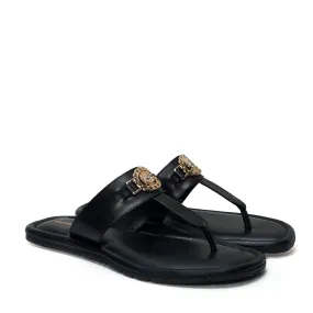 T-Strap Black Slide-in Slipper with Trademark Buckle