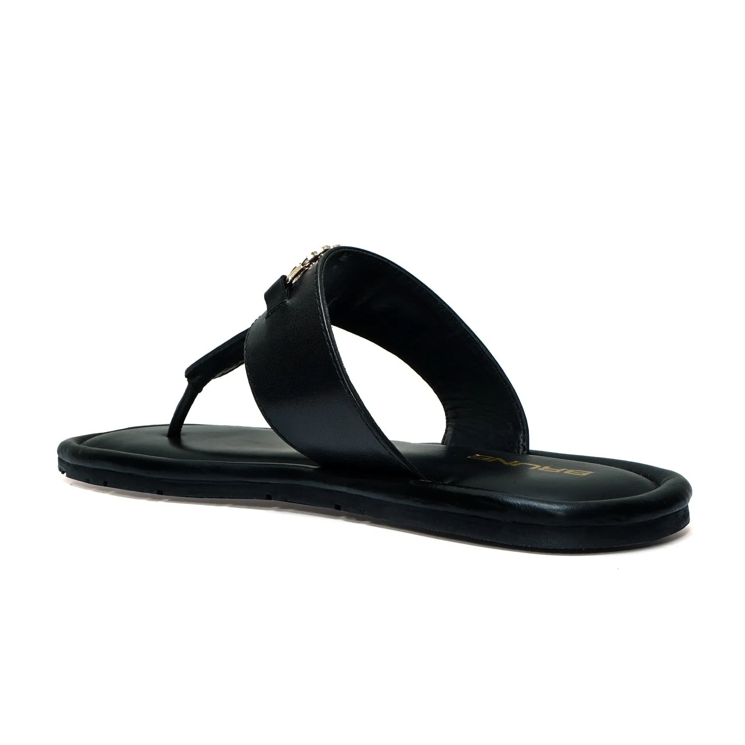 T-Strap Black Slide-in Slipper with Trademark Buckle