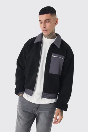 Tall Boxy Borg And Nylon Collared Bomber Jacket In Black