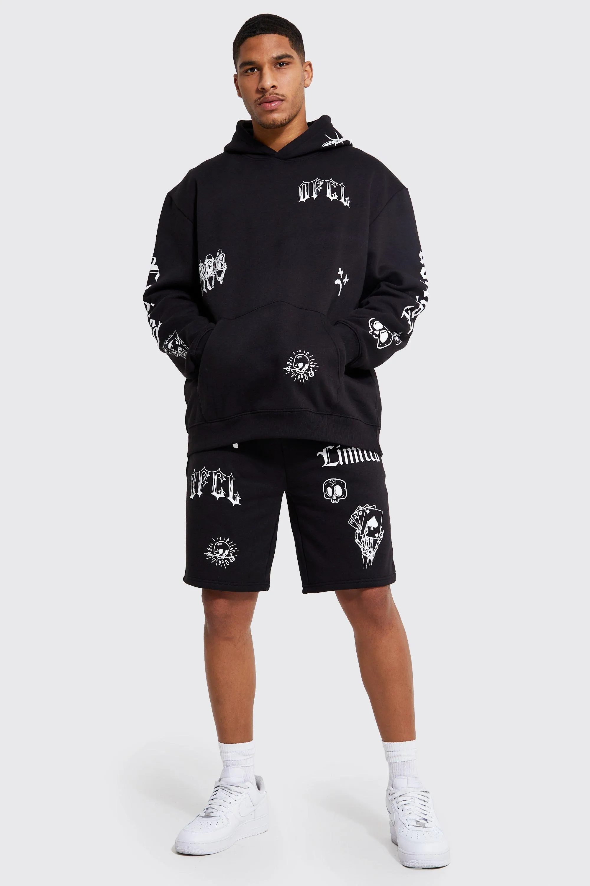 Tall Graffiti Doodle Oversized Hooded Short Tracksuit