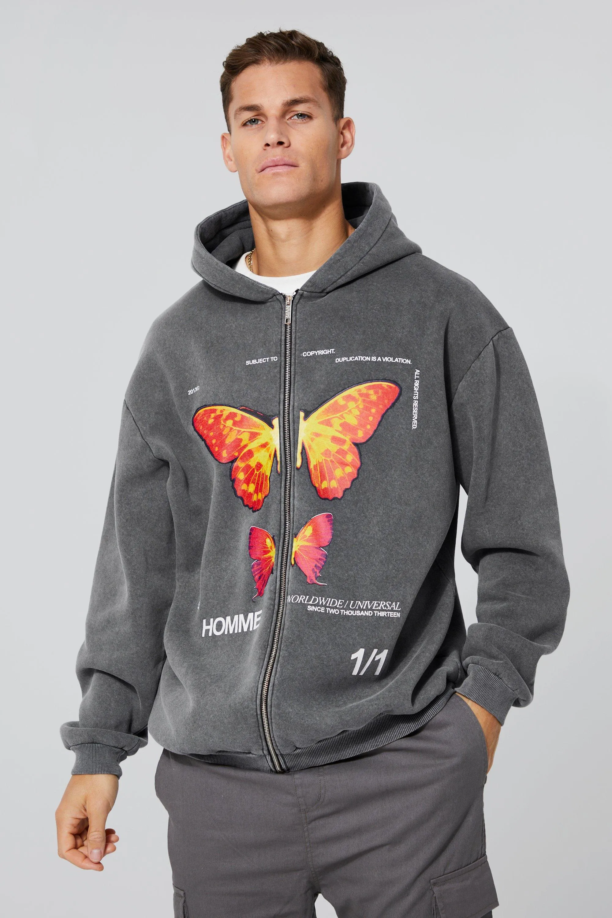 Tall Oversized Acid Wash Graphic Zip Hoodie | boohooMAN UK