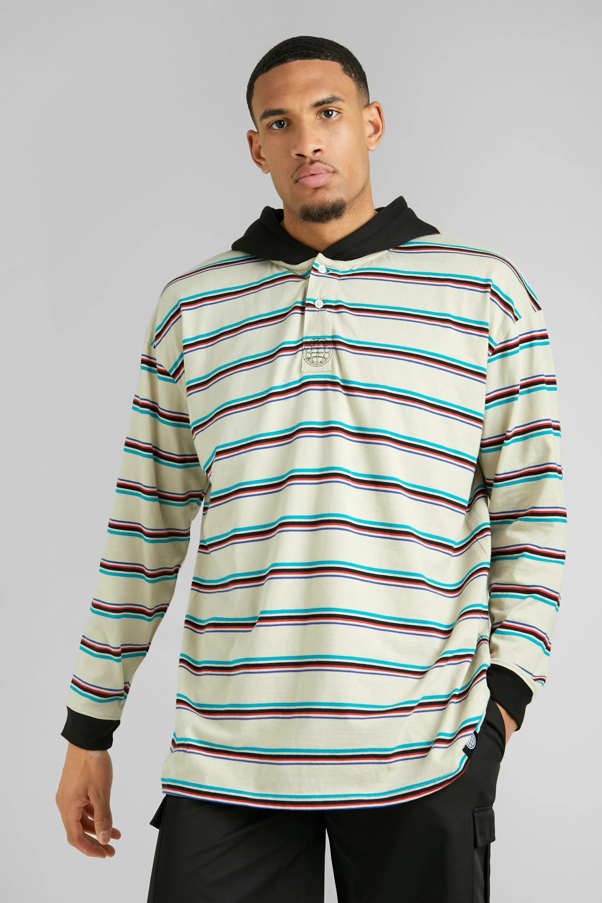 Tall Oversized Hooded Stripe Long Sleeve Polo | boohooMAN UK