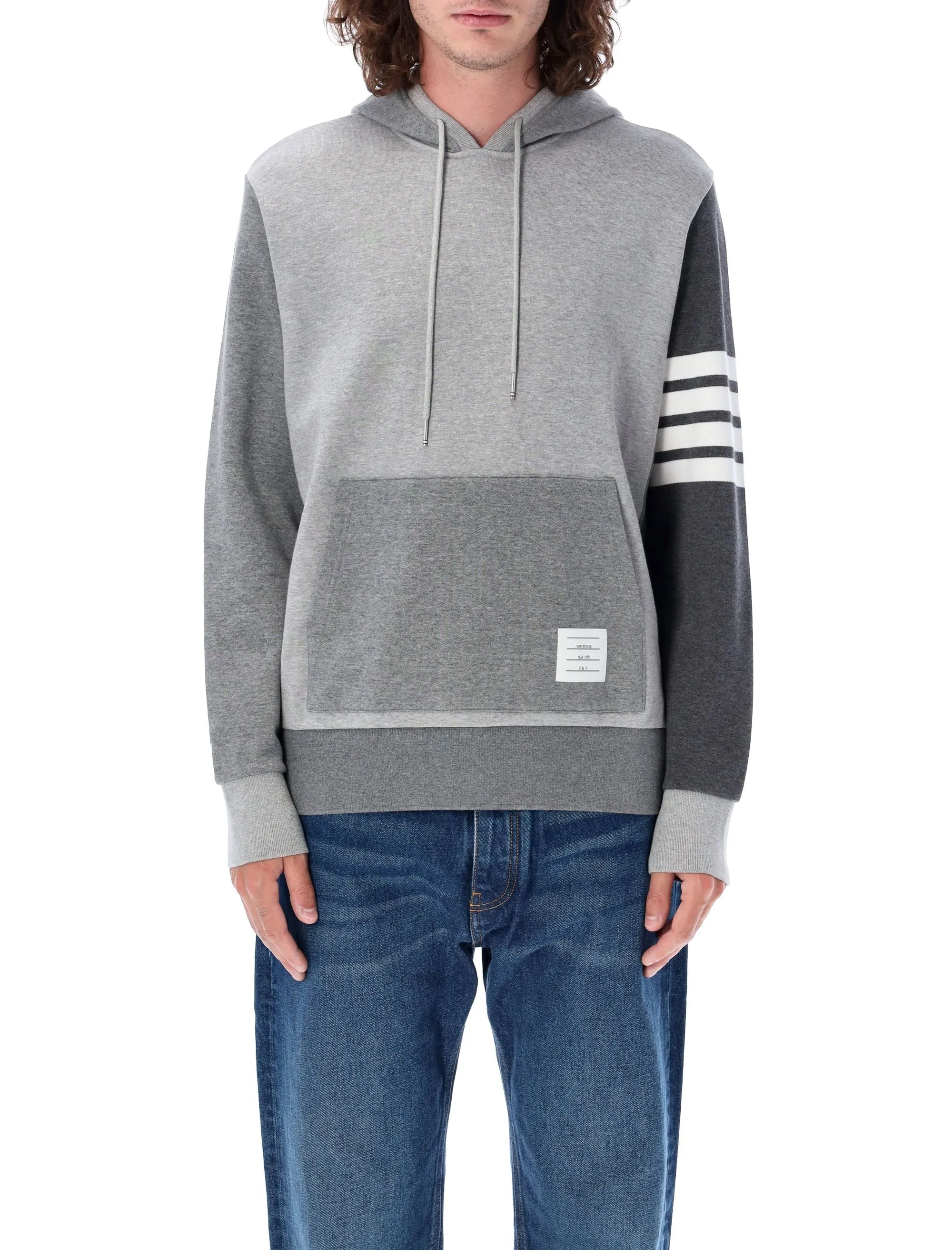 THOM BROWNE Men's Tonal Grey Cotton Hoodie Pullover with Contrast Details