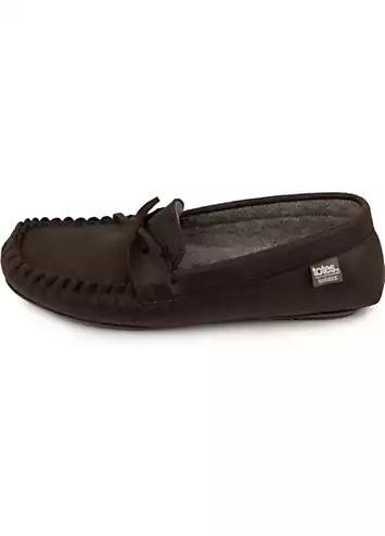 Totes Isotoner Mens Brown Distressed Moccasin Slipper with Herringbone Socks | Kaleidoscope