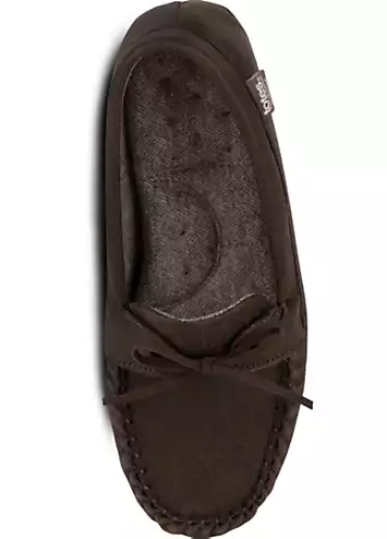 Totes Isotoner Mens Brown Distressed Moccasin Slipper with Herringbone Socks | Kaleidoscope