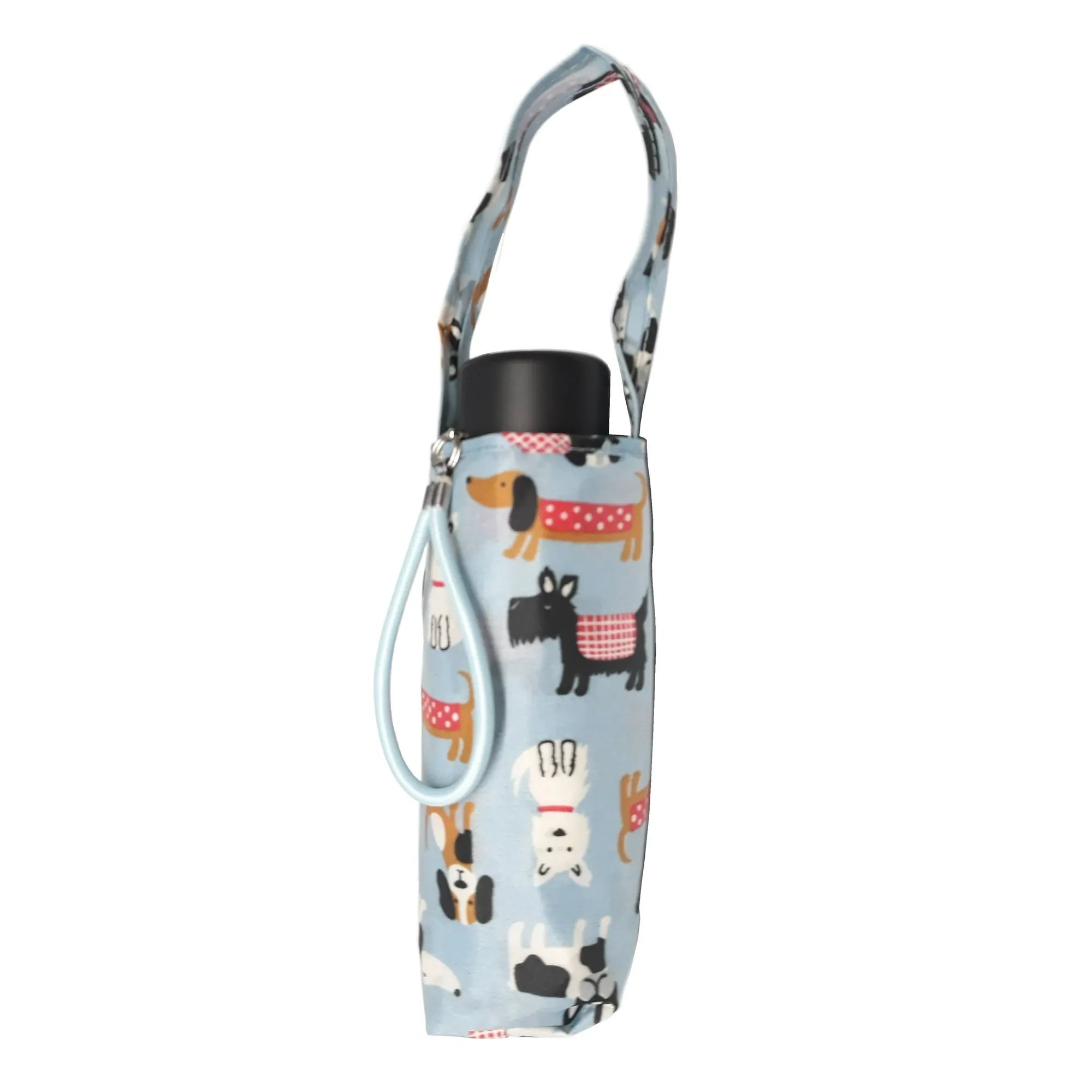 Totes Micro Mini Manual Compact Umbrella, NeverWet technology, Light Blue With Multicolored Dogs, Puppies, 38 arc Coverage