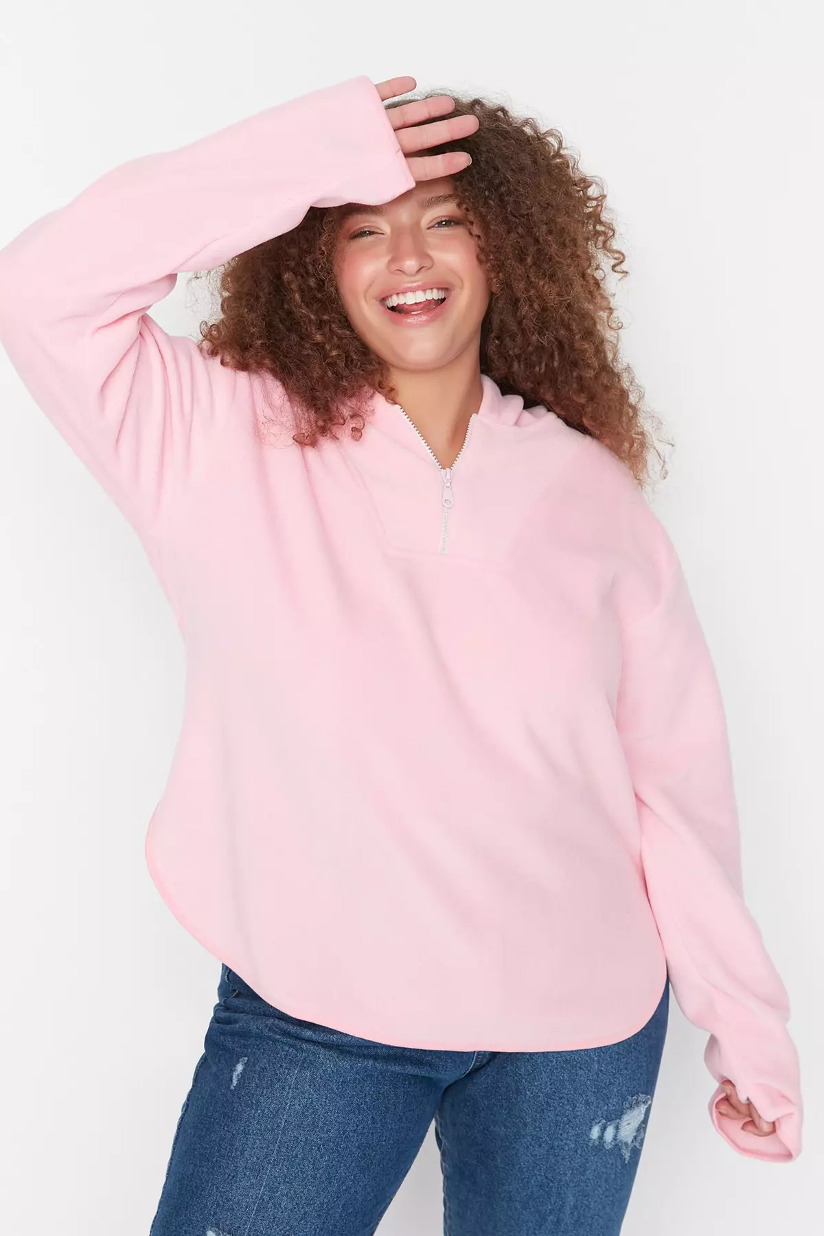 Trendyol Plus Size Pink Hooded Thick Fleece Knitted Sweatshirt.