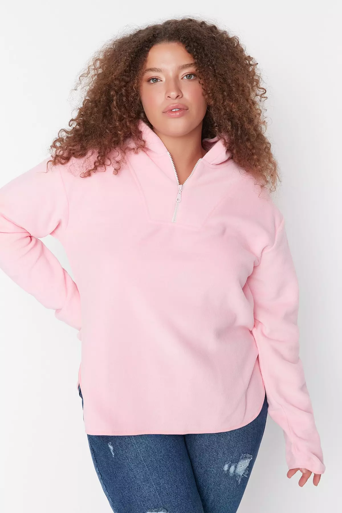 Trendyol Plus Size Pink Hooded Thick Fleece Knitted Sweatshirt.