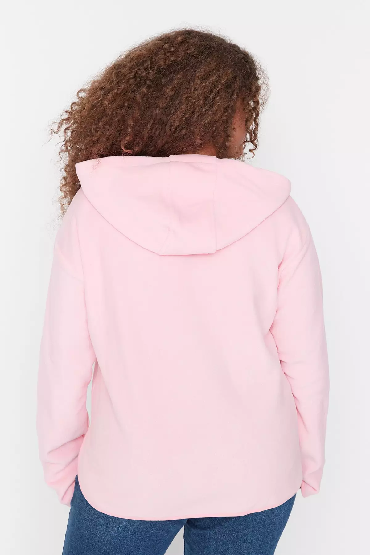 Trendyol Plus Size Pink Hooded Thick Fleece Knitted Sweatshirt.