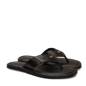 V-Strap Replaceable Lion Penny Slipper in Dark Brown Leather