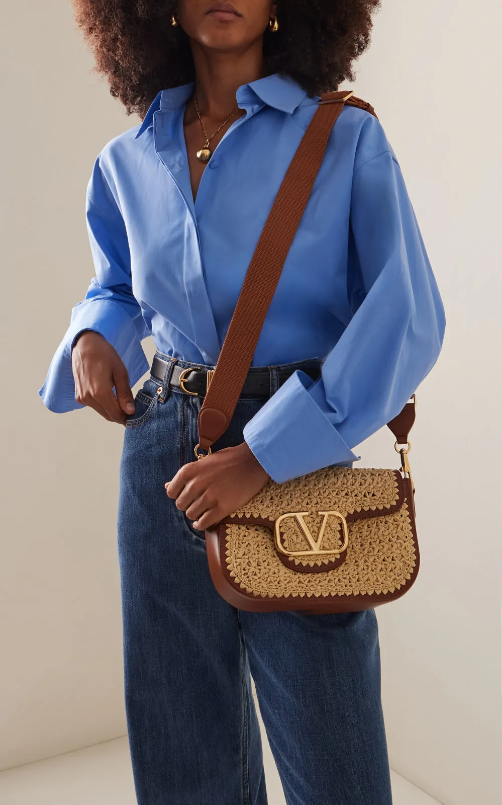 Valentino Garavani Alltime Leather and Raffia Shoulder Bag