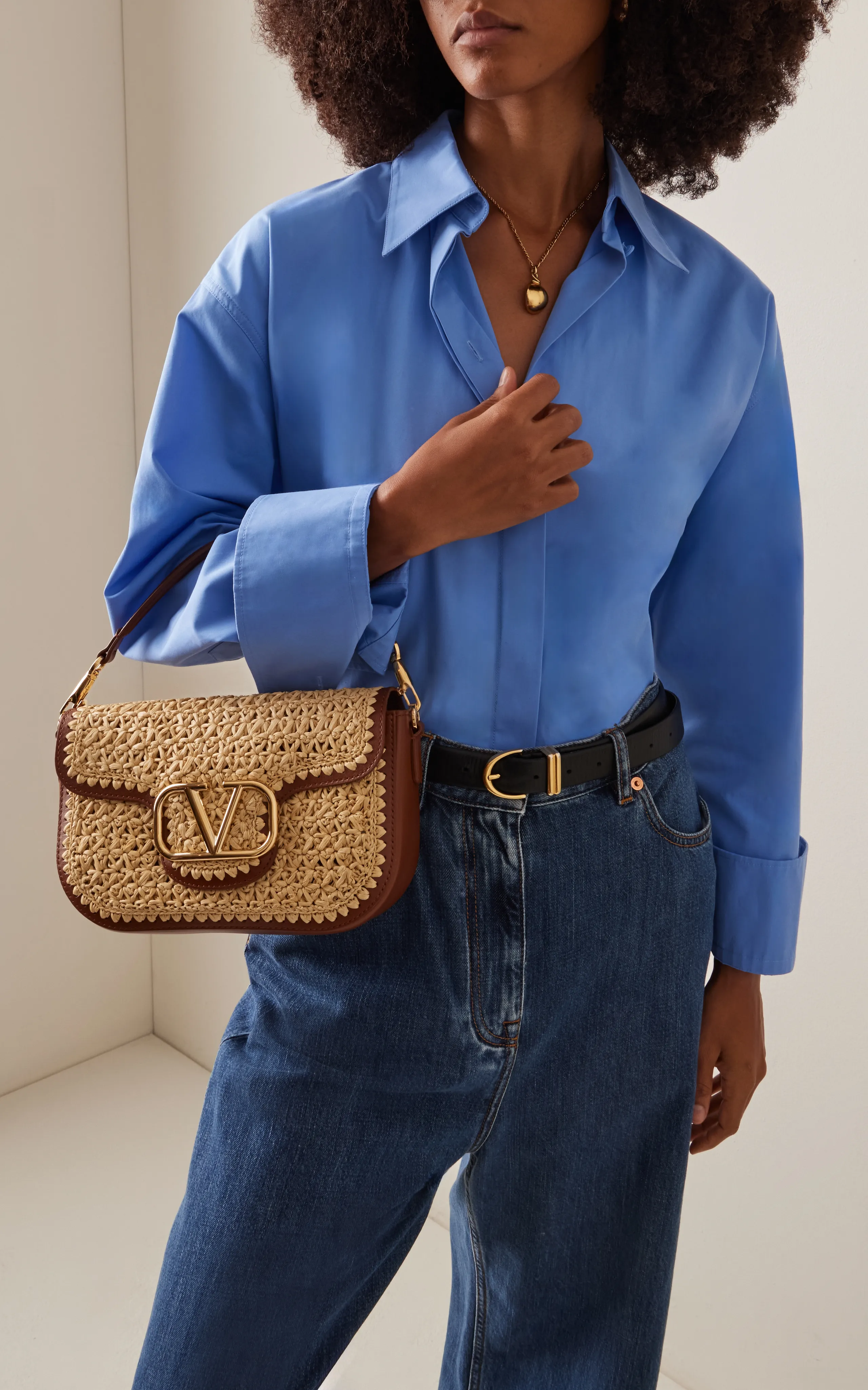 Valentino Garavani Alltime Leather and Raffia Shoulder Bag